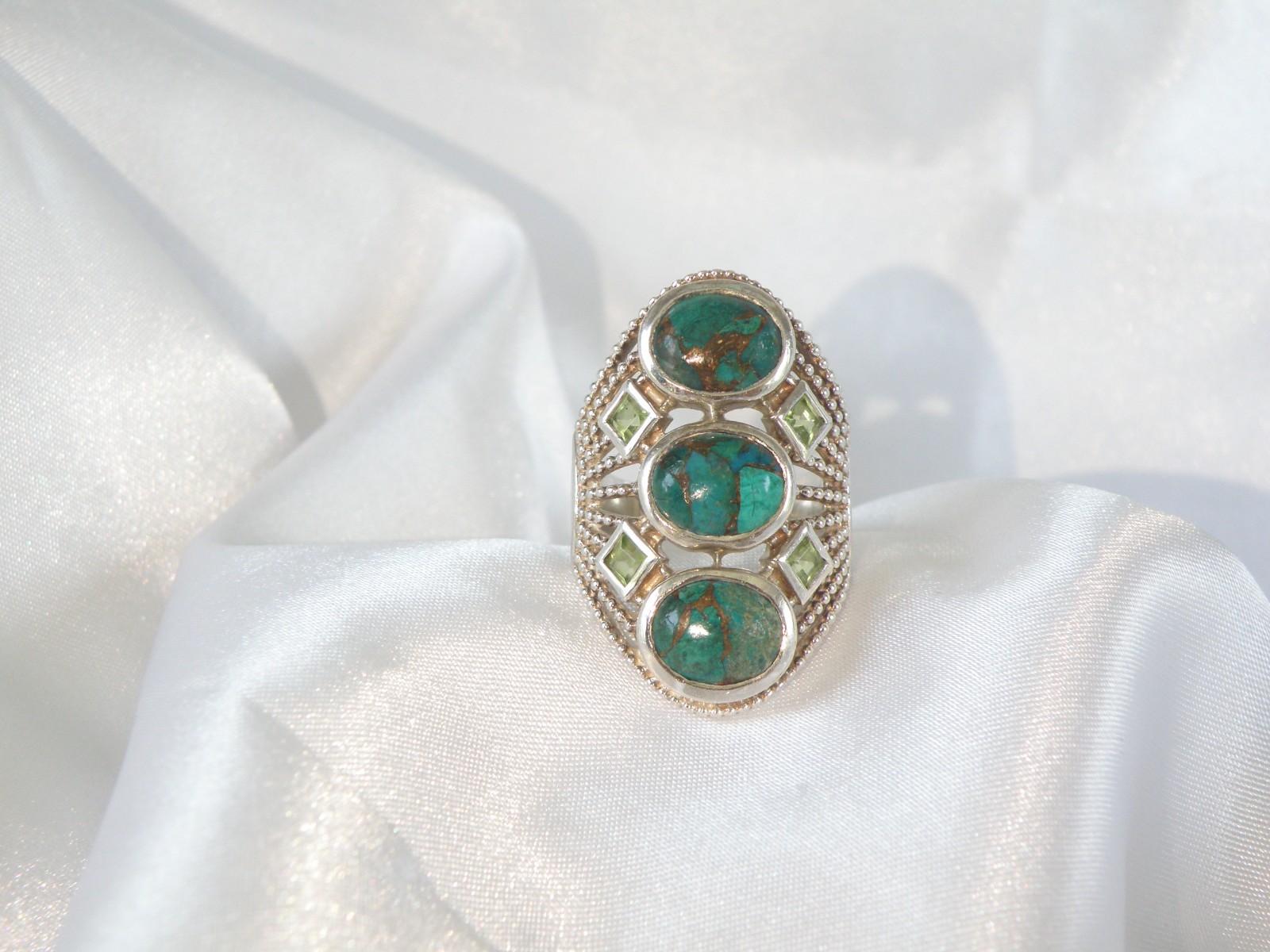 Sterling Silver 925 Large Chrysocola and Peridot Multi Stone Statement Ring 7