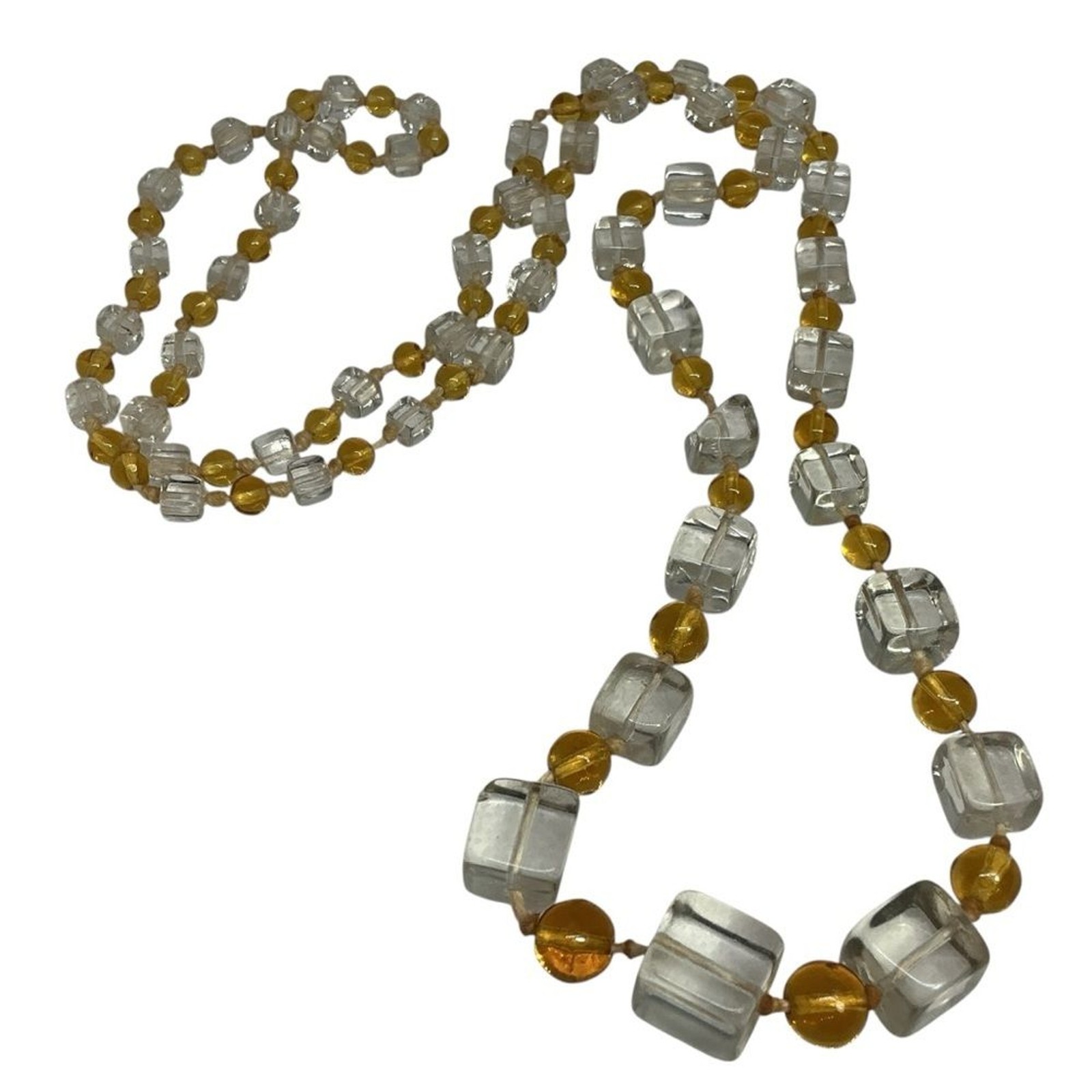 Vintage Czech Glass Necklace Yellow Graduated Cube & Clear Round Bead 36”