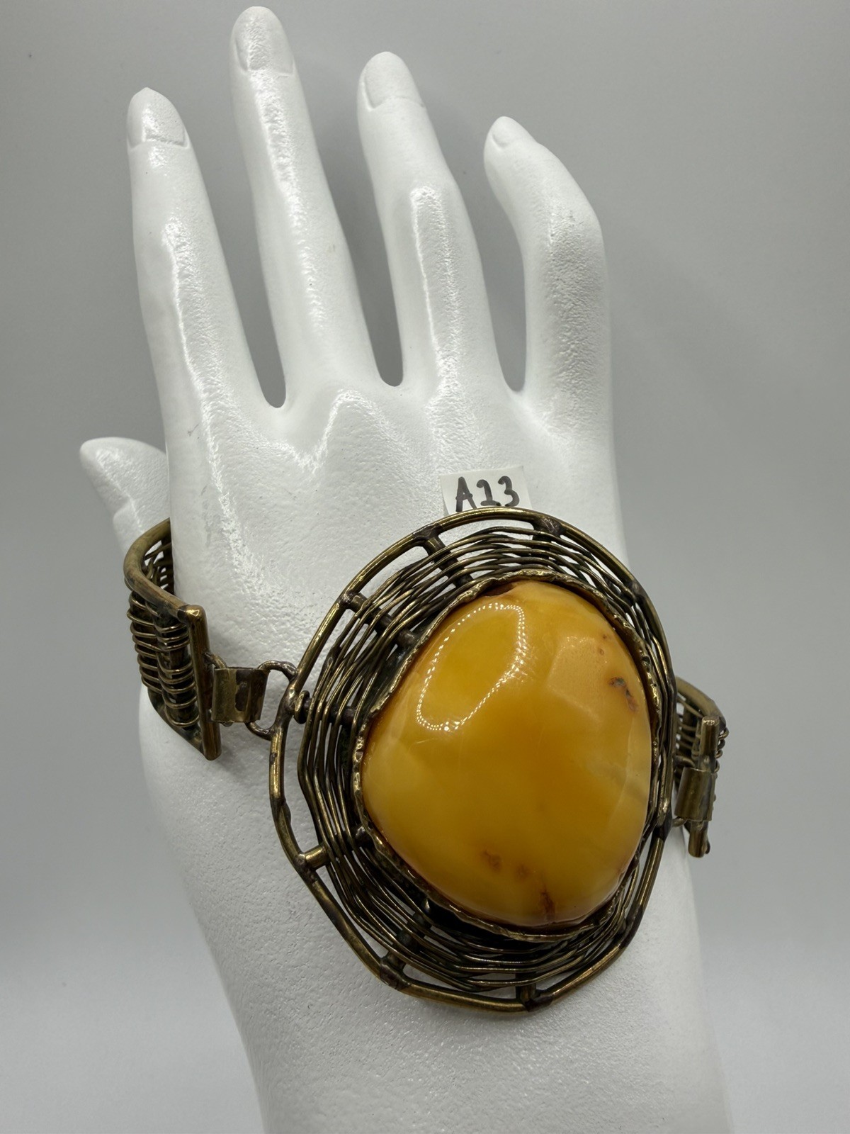 Vintage Amber Statement Cuff Bracelet Butterscotch Large Cabochon Wire Wrap