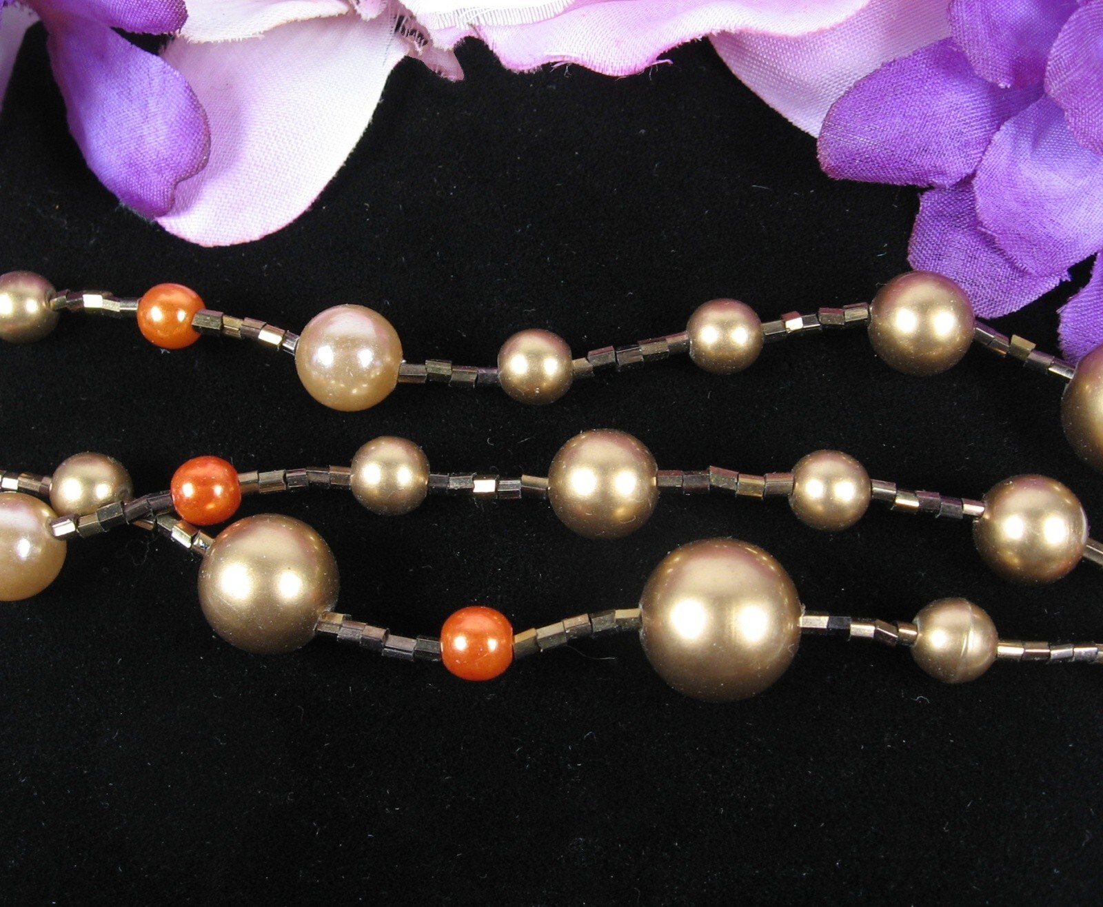 Triple Strand BRIGHT GOLDEN, BROWN, ORANGE Beads Necklace Vintage Beaded 20″