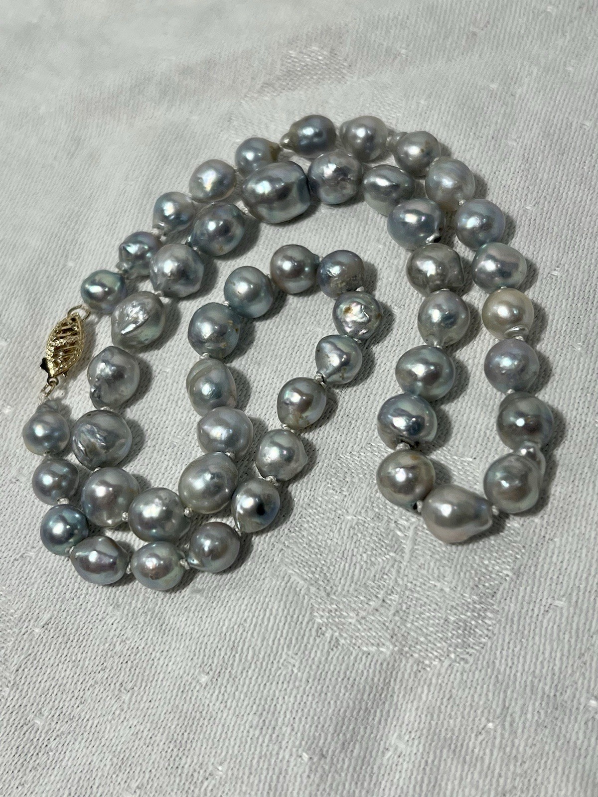 Japanese Silver-Blue Baroque Saltwater Akoya Pearl Necklace 14k clasp 6-9.5mm