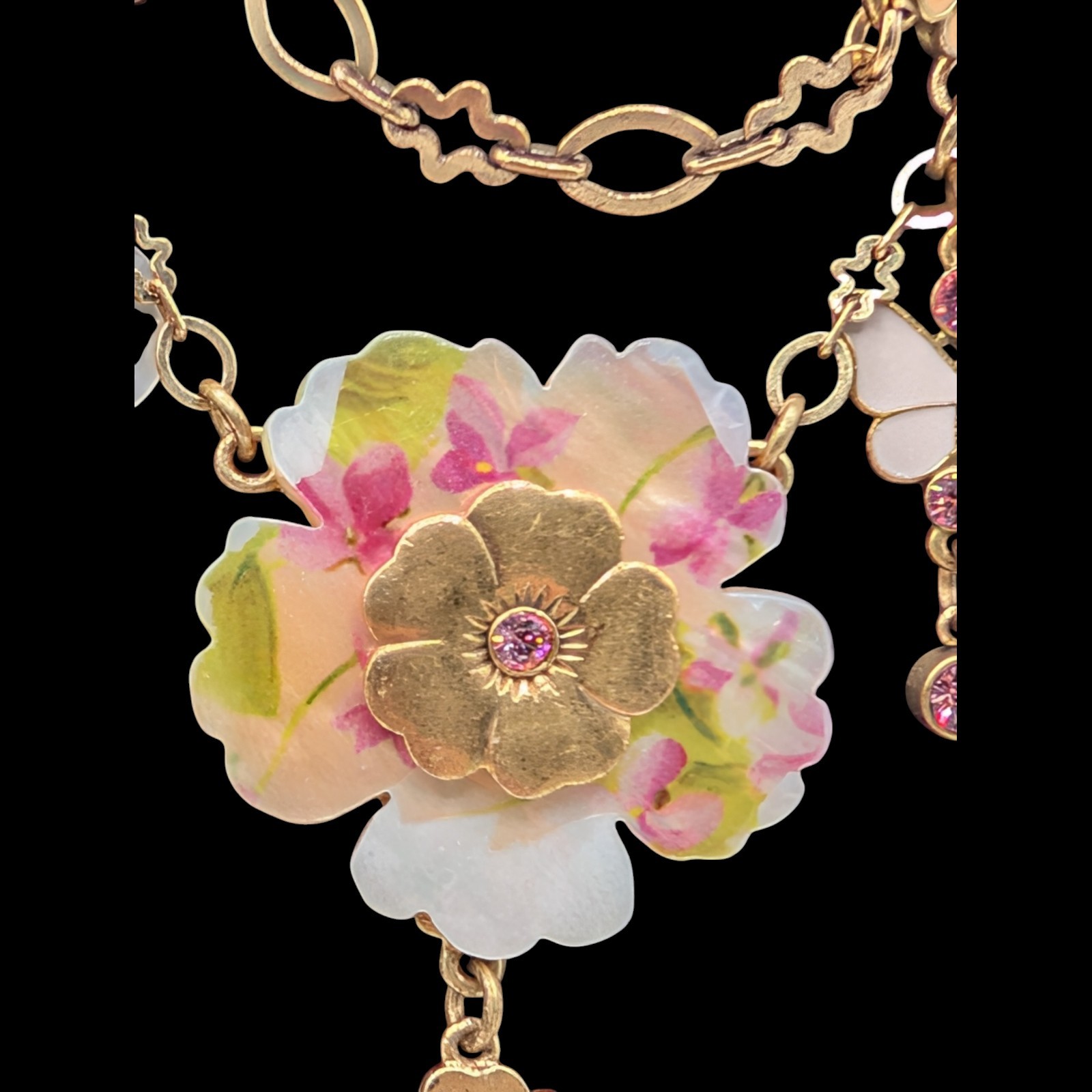 Pilgrim Danish Design Necklace Enamel MOP Crystal Charm Floral Butterfly Whimsy