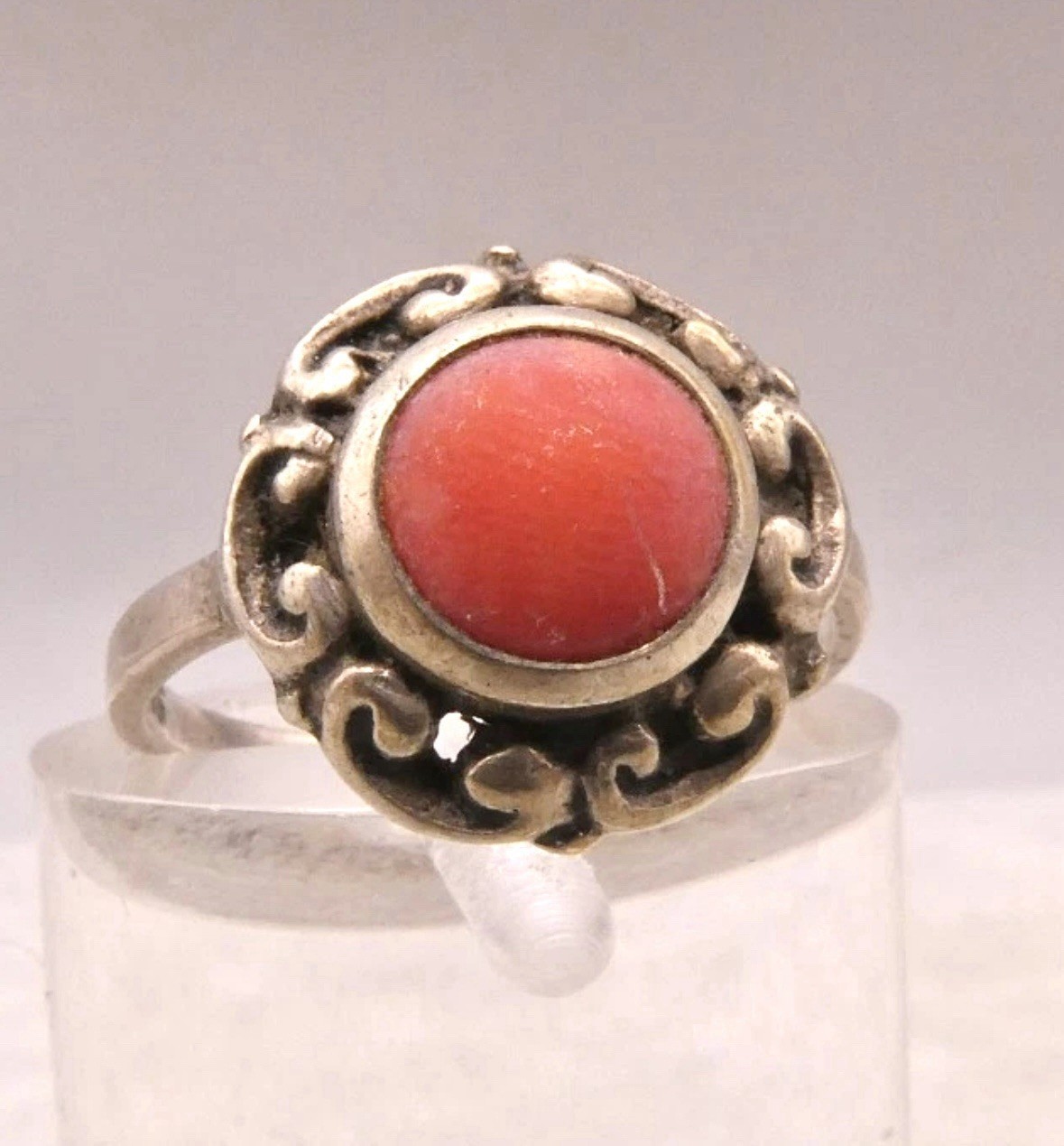 A11 Size 2 Christening ANTIQUE Historic 1890s 6mm Red Coral 835 Silver Ring