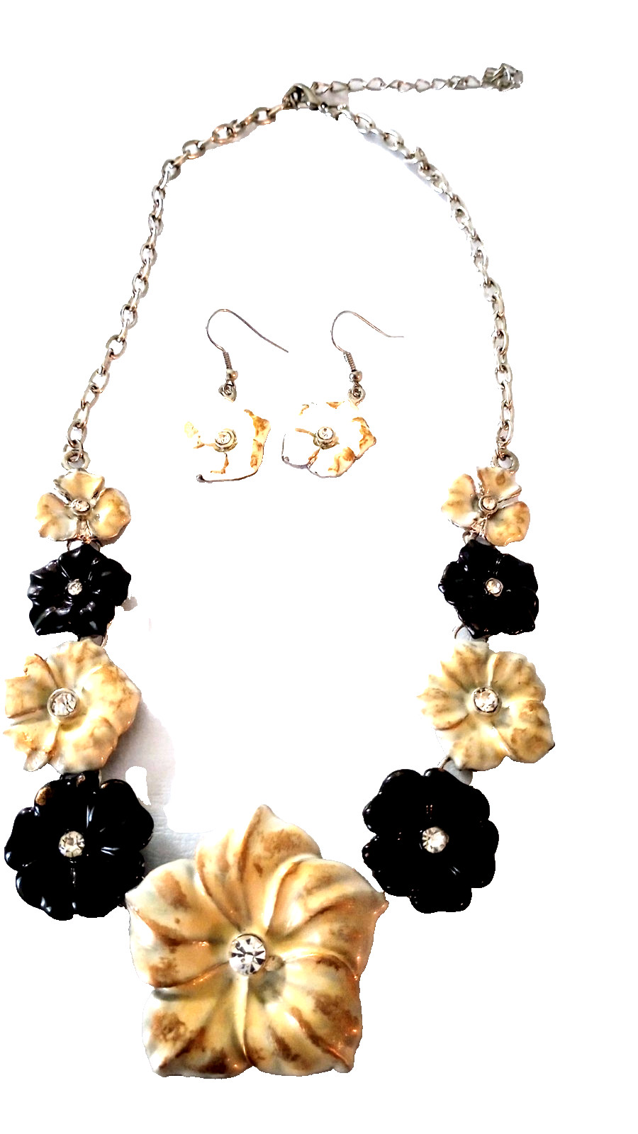 Vintage Floral Enamel Necklace Earrings Set Black Antiqued Cream 15 to 18 in