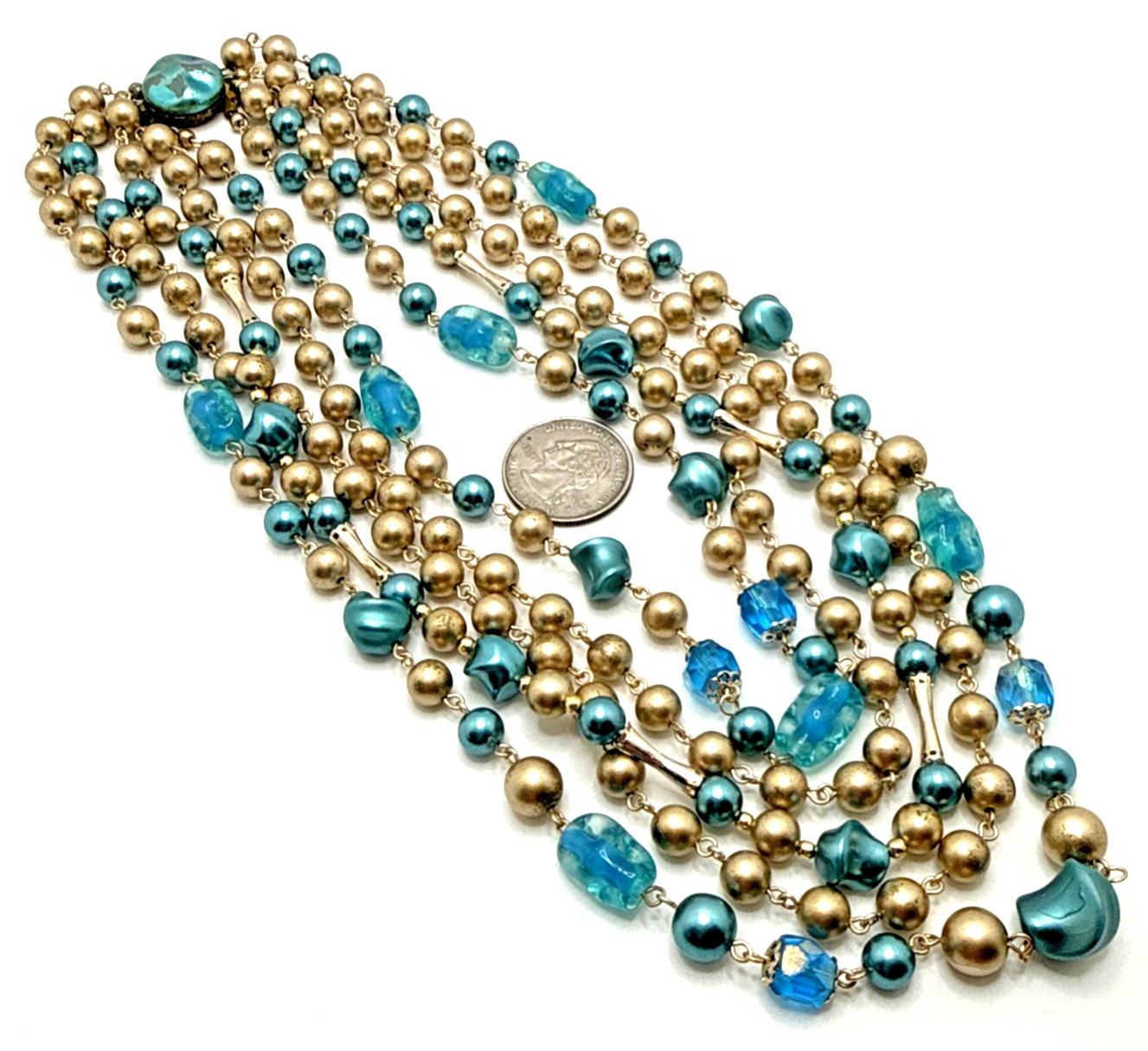 Vintage Japan Multi Strand Beaded Choker Necklace Blue Gold Mid Century 16″