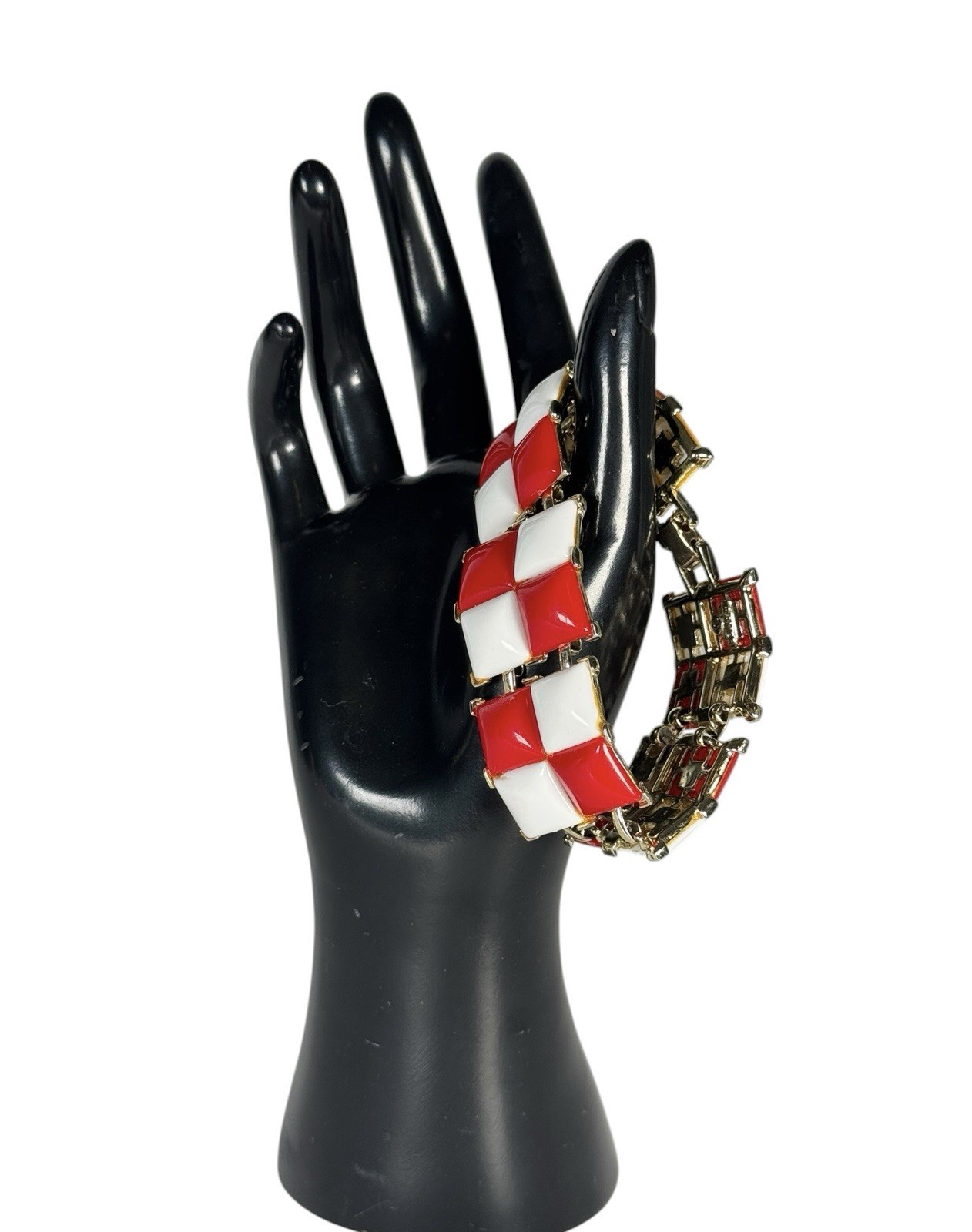 Vintage KRAMER NY Red & White Square Cabochon Checkers Link Bracelet Gold Tone