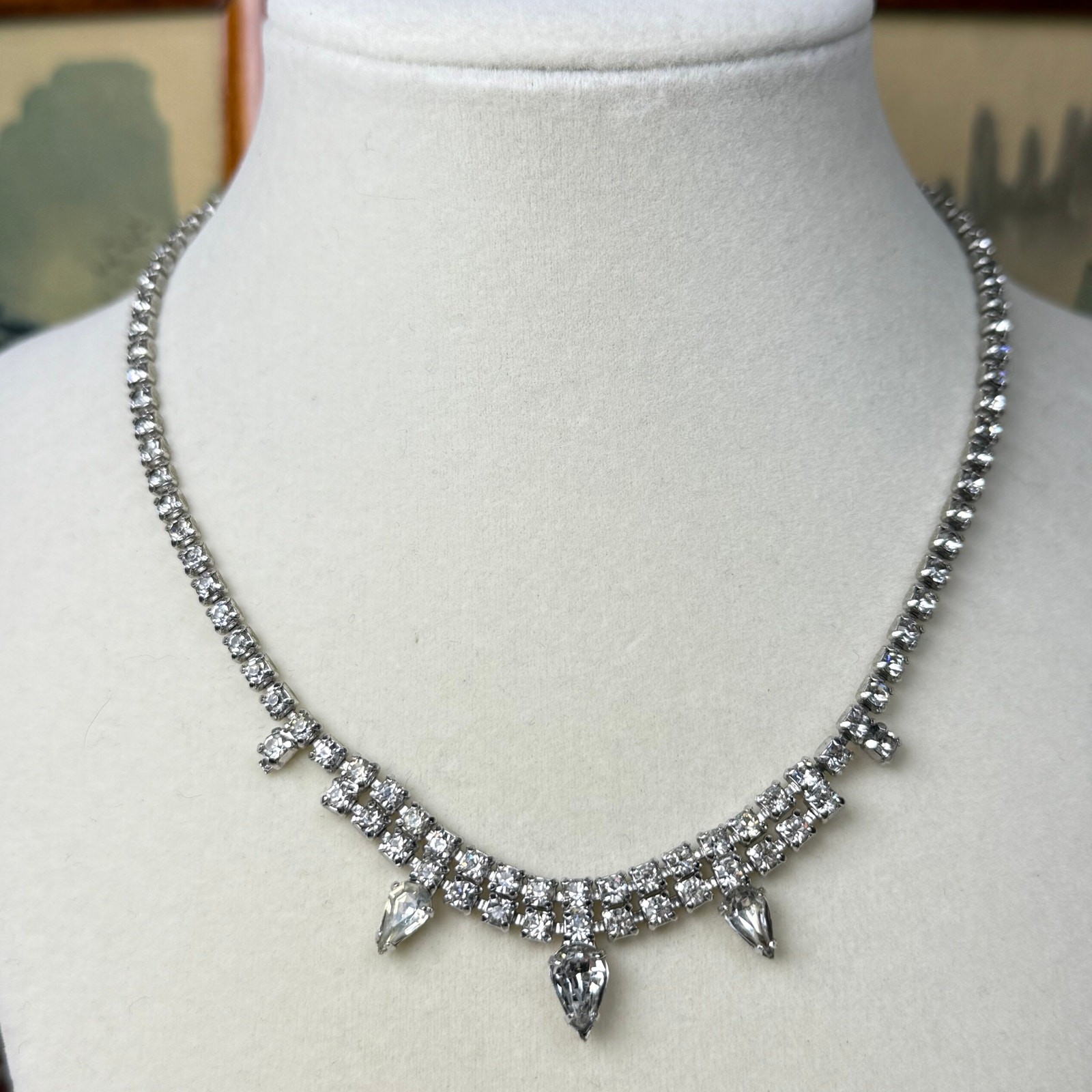 Vintage Kramer Silver Toned Rhinestone Necklace Formal Special Event Glam Party