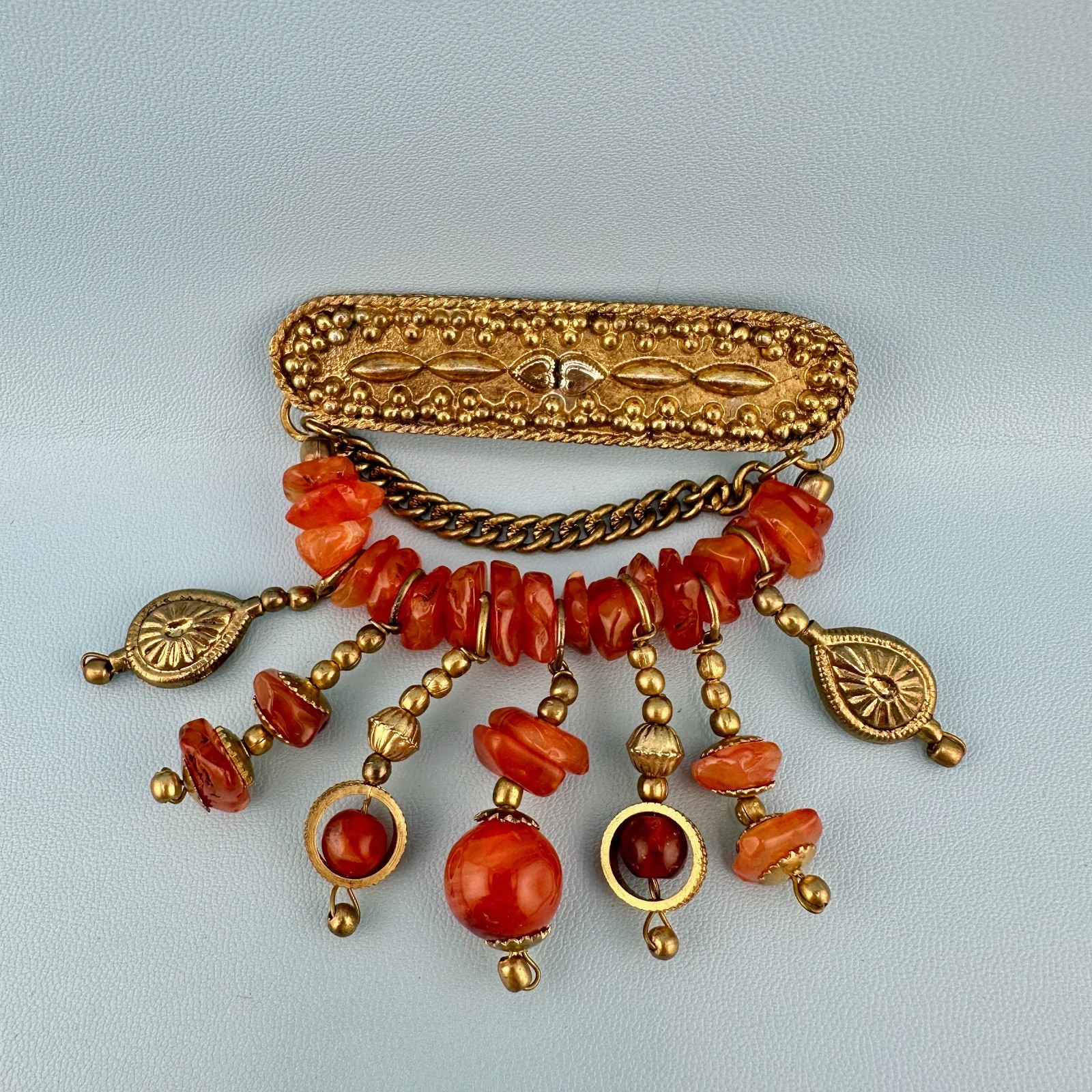 Vintage Bar Brooch Gold Tone Dangle Chains Carnelian Stone Beads Boho India