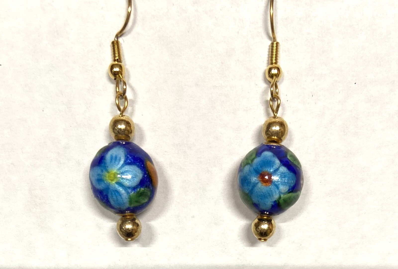 Vtg. Chinese Enamel Dangle Earrings Ball-Gold Tone-asst color flowers on Dk Blue