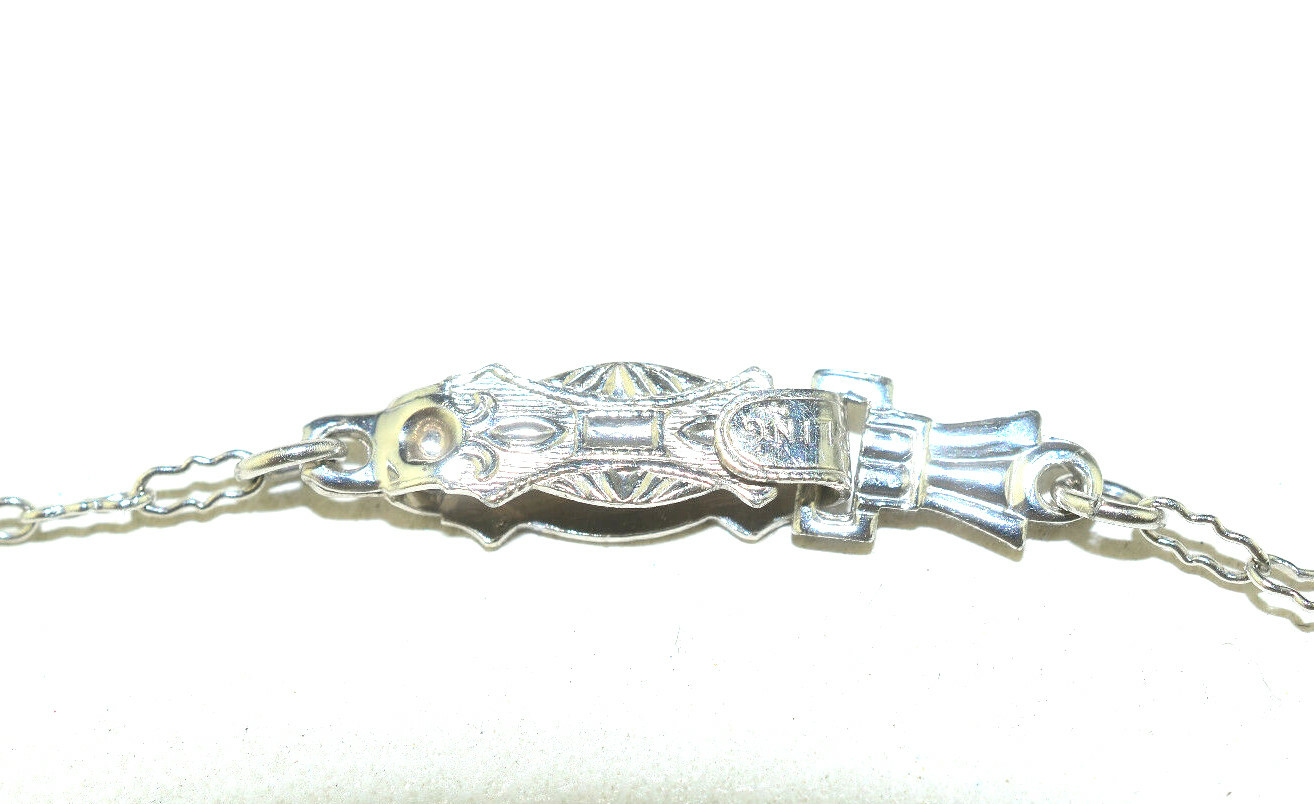 VTG 16″ STERLING SILVER FILIGREE NECKLACE LIGHT GREEN GLASS PENDANT FANCY CHAIN