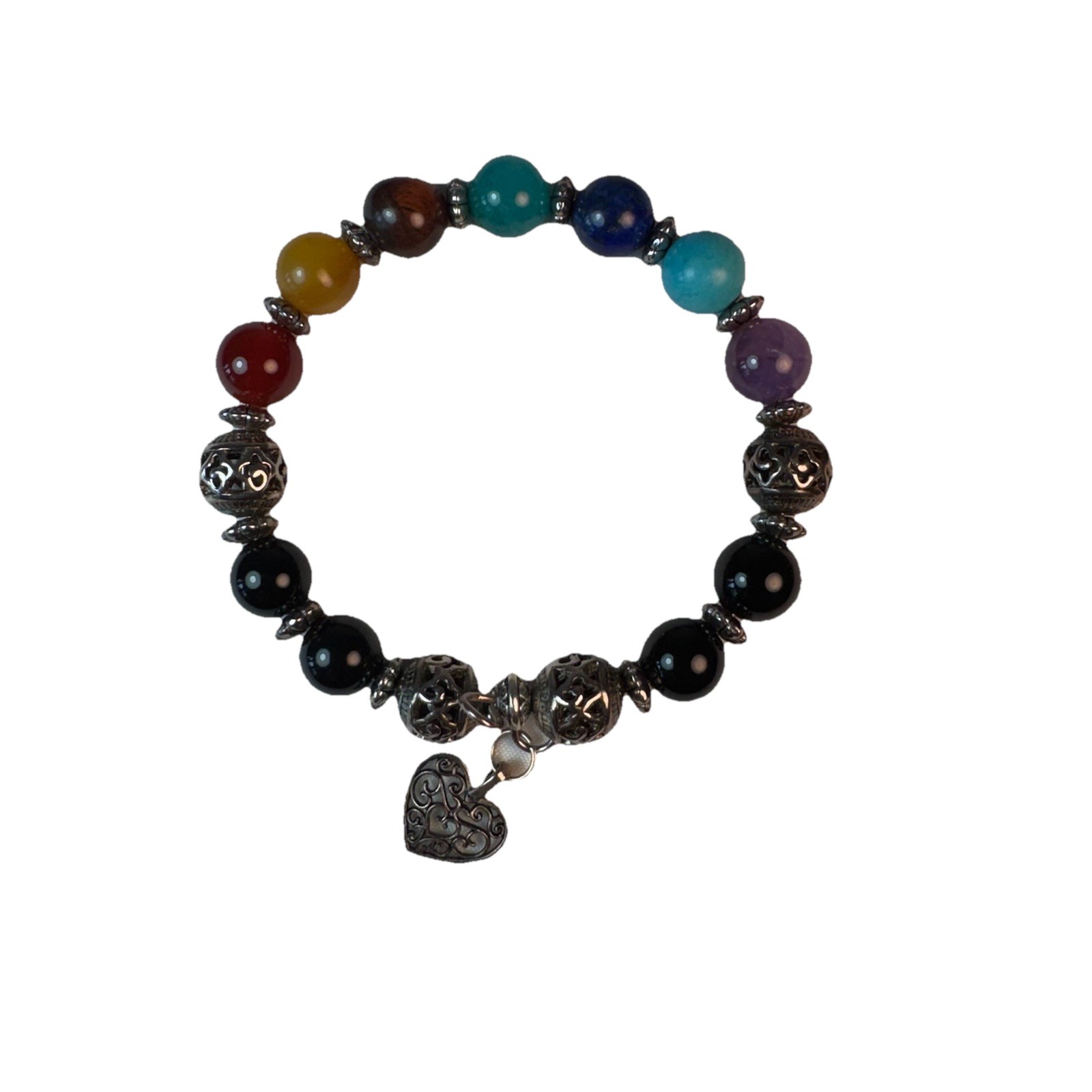 Vintage 7 Chakra Gemstone Beaded Bracelet Silver Filigree Heart Charm Onyx Boho