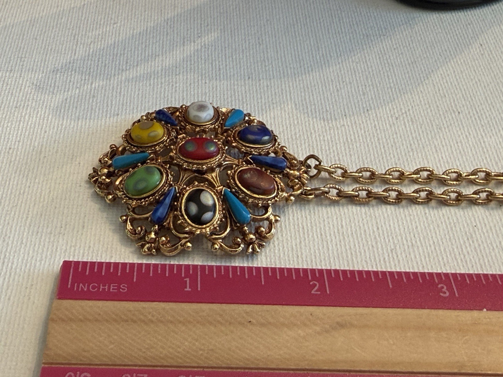 Vtg. Florenza Ornate Gold Tone Multi Color Cabochon Pendant Necklace 24” BinR
