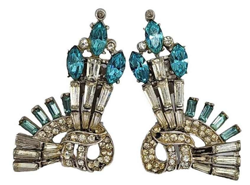VTG Wiesner Clip On Earrings Blue Rhinestones MCM Statement Jewelry Piece