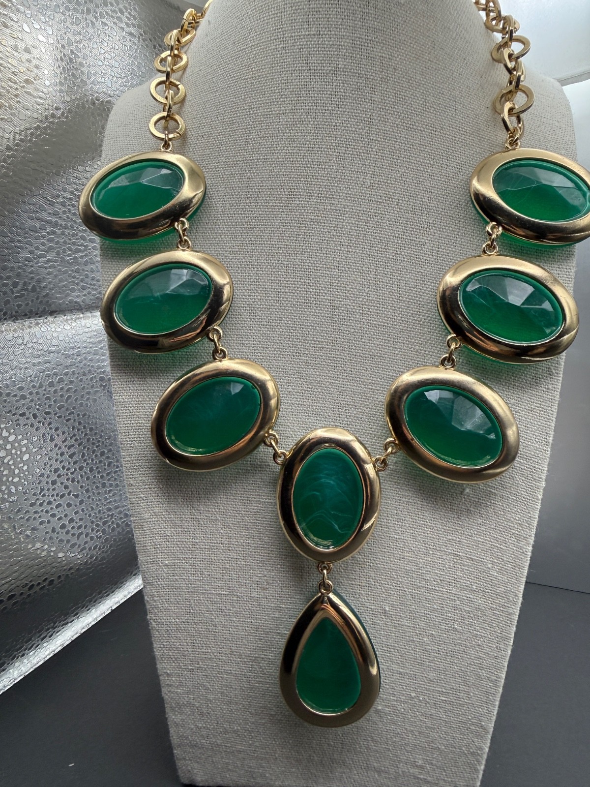 Emerald Green Lucite Necklace Gold Tone Statement Runway Large