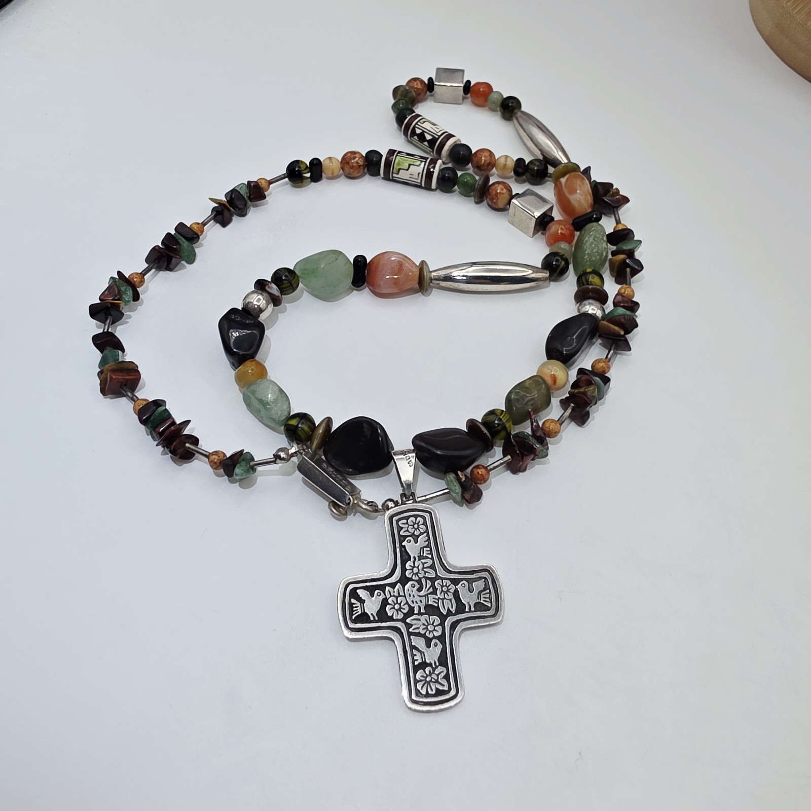 VTG Taxco Mexico Sterling Silver Cross Necklace 30” TW-97 925 Multi Stone 84.5g