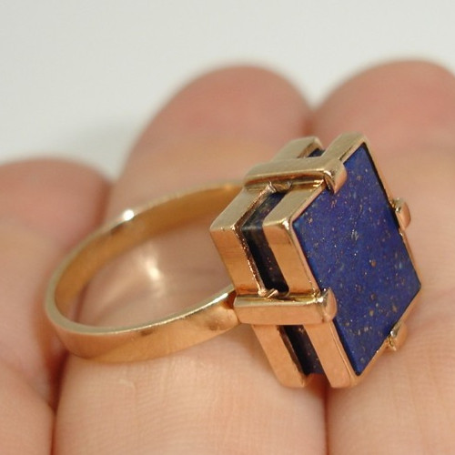 14K Gold Lapis Lazuli Signet Statement Ring Mid Century Deco two-tiered square 7