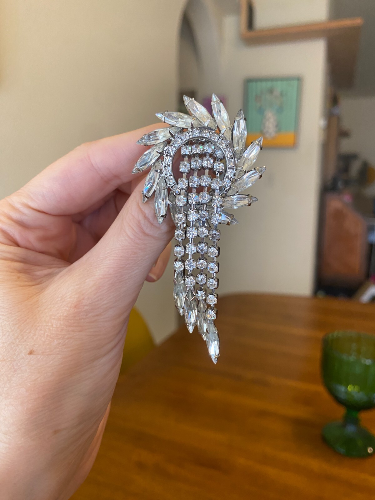 Rhinestone Wreath Brooch With Fringe Dangle Clear Navettes Unsigned