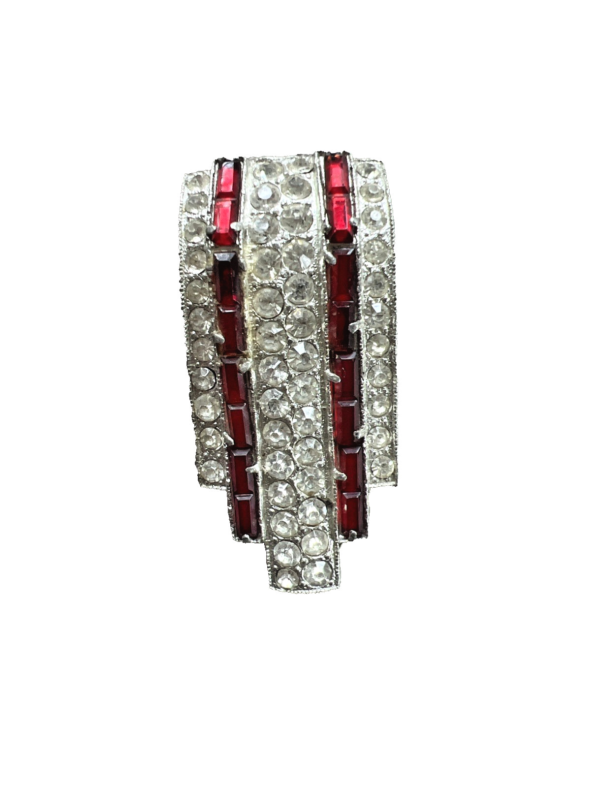 VINTAGE 1930’s 40’s CLEAR and RUBY RED RHINESTONE FUR CLIP 1 3/4″ long x 1″ wide