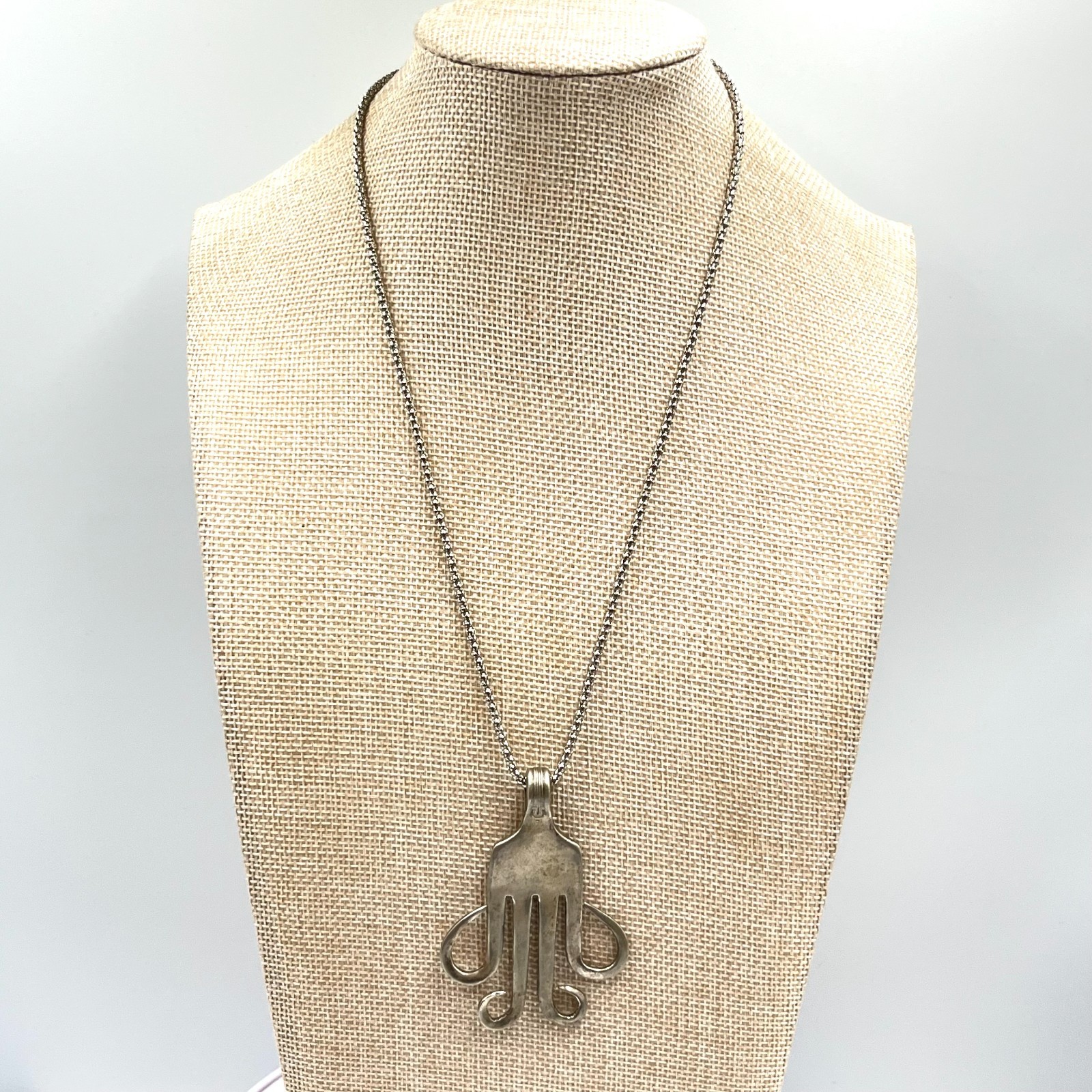 Vintage Silver Tone Fork Octopus Pendant Necklace Quirky Boho Statement Jewelry