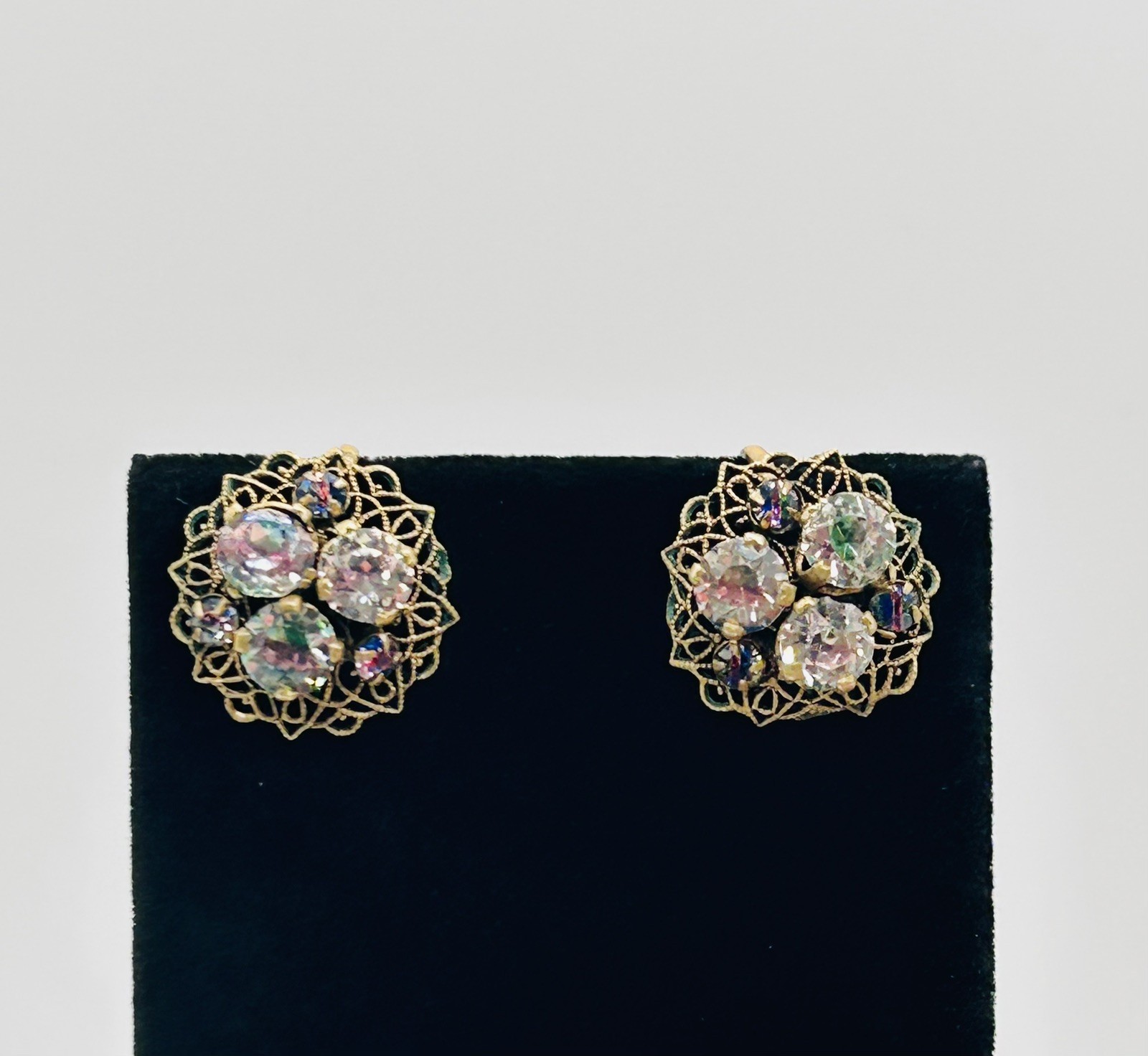 Vtg CZECH Screw-back Cluster EARRINGS and BRACELET SET-Gold Tone-RHINESTONE