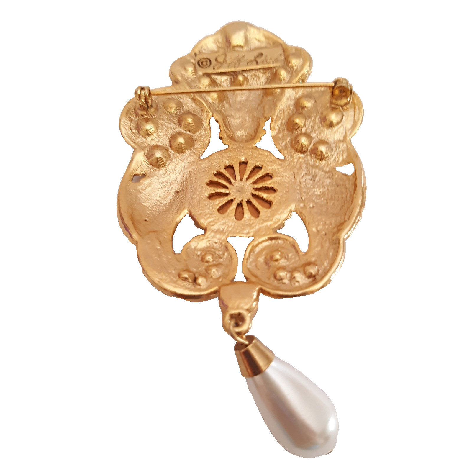 Vintage Jeff Lieb Brooch Large Ornate Cabochon Faux Pearl Teardrop Rhinestones