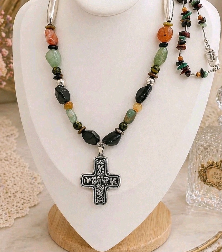 VTG Taxco Mexico Sterling Silver Cross Necklace 30” TW-97 925 Multi Stone 84.5g