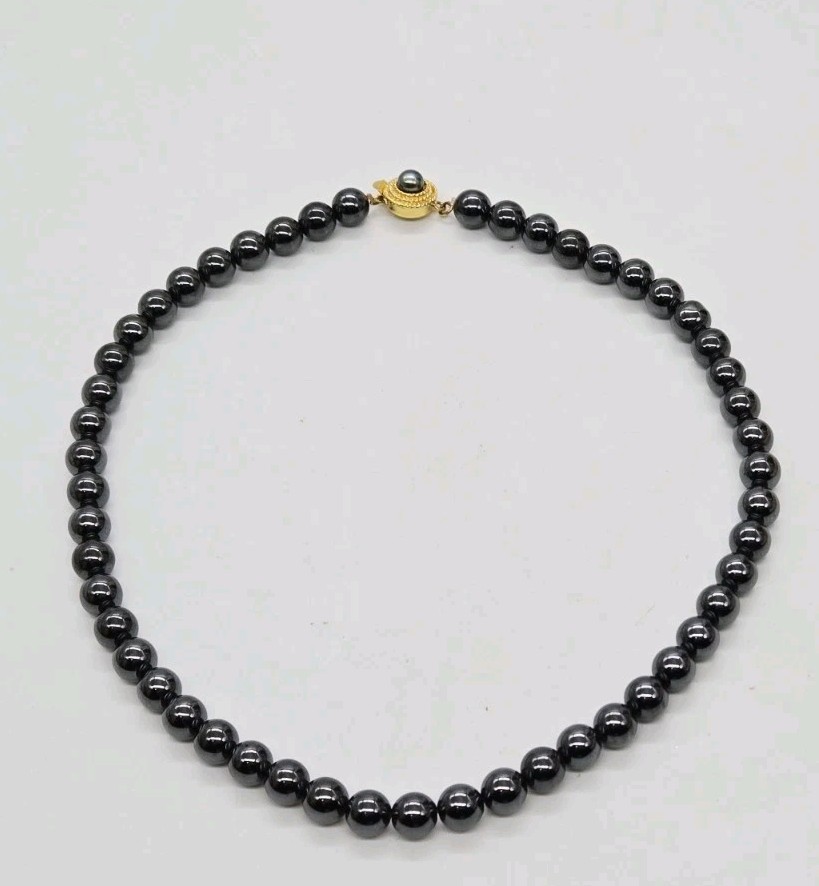 Hematite Beaded Choker Necklace Black Ball Vintage Fancy Clasp Couture Gold tone