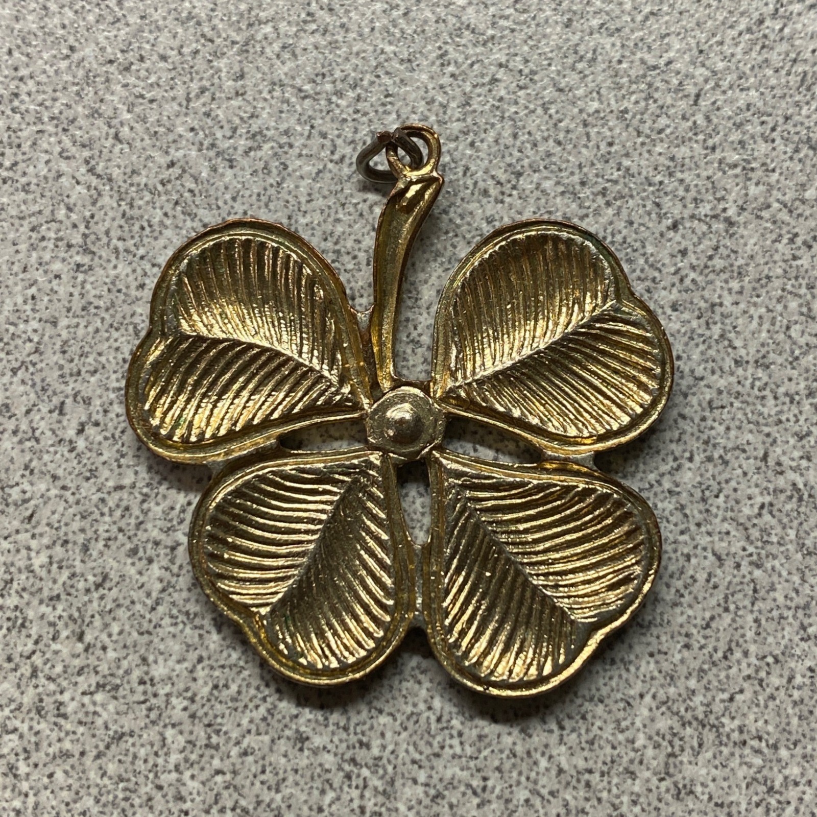 Vintage Gold Tone Green Enamel Four Leaf Clover Charm Pendant Lucky Symbol