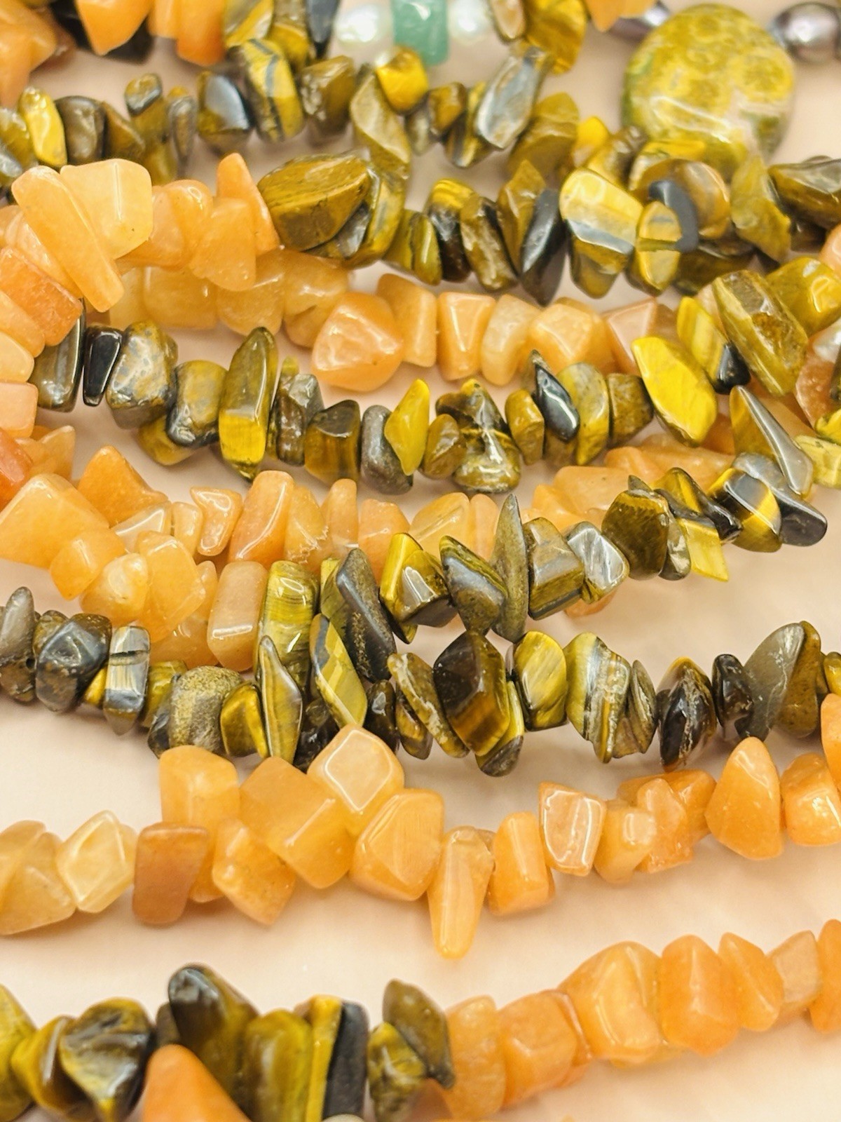 Vintage Natural Gemstone Multi Strand Boho Tigers Eye Carnelian Pearl 28”