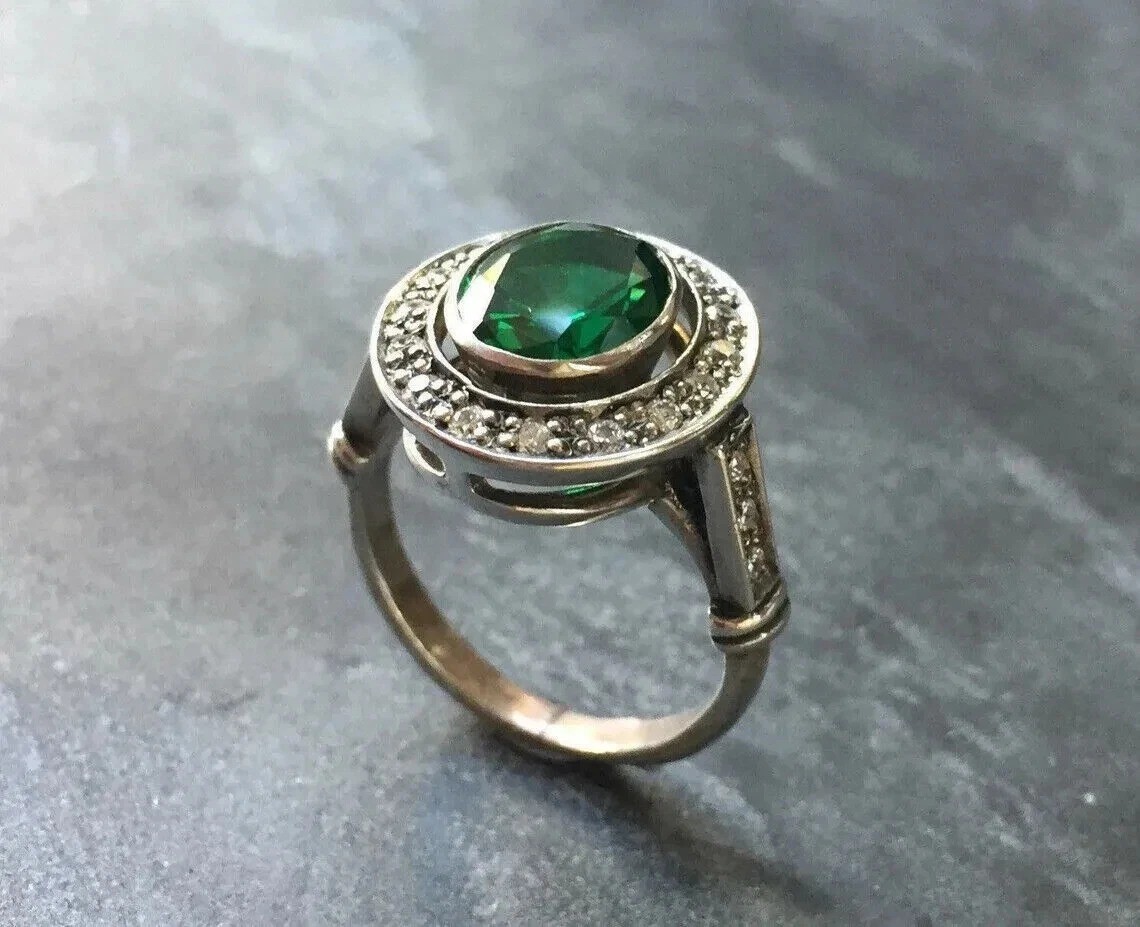 Art Deco Style Edwardian Lab Created Emerald Anniversary 14K White Gold FN Ring