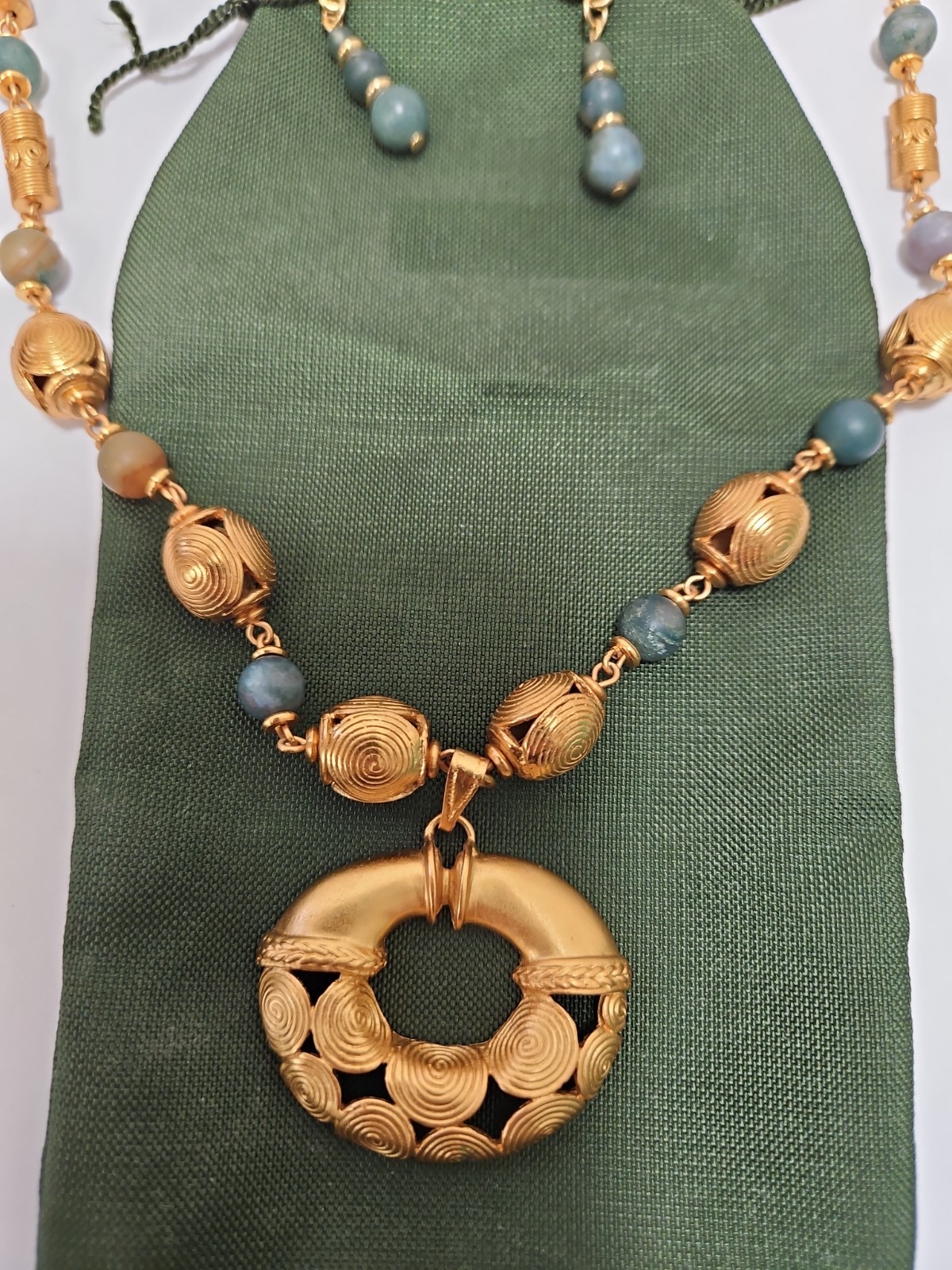 Gold Plated 24k PreColumbian Inca Pendant Necklace & Drop Earrings Set Faux Jade