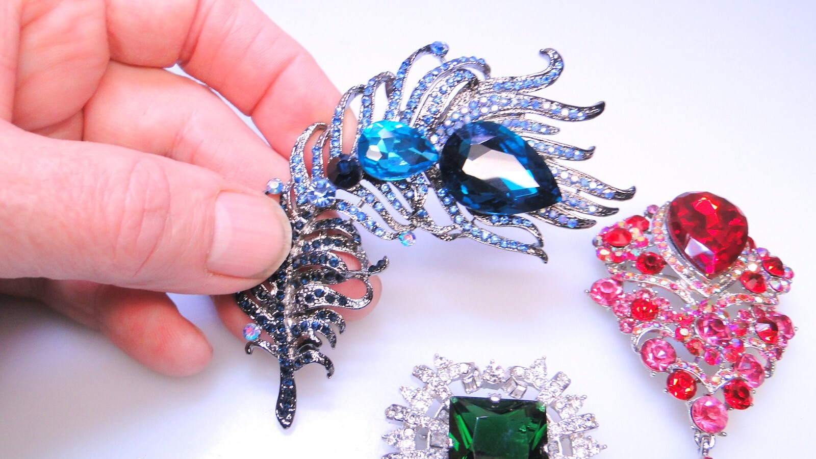 Gorgeous Big Rhinestone Pins Red Pink Signed Blue Green 3pc Pin Lot