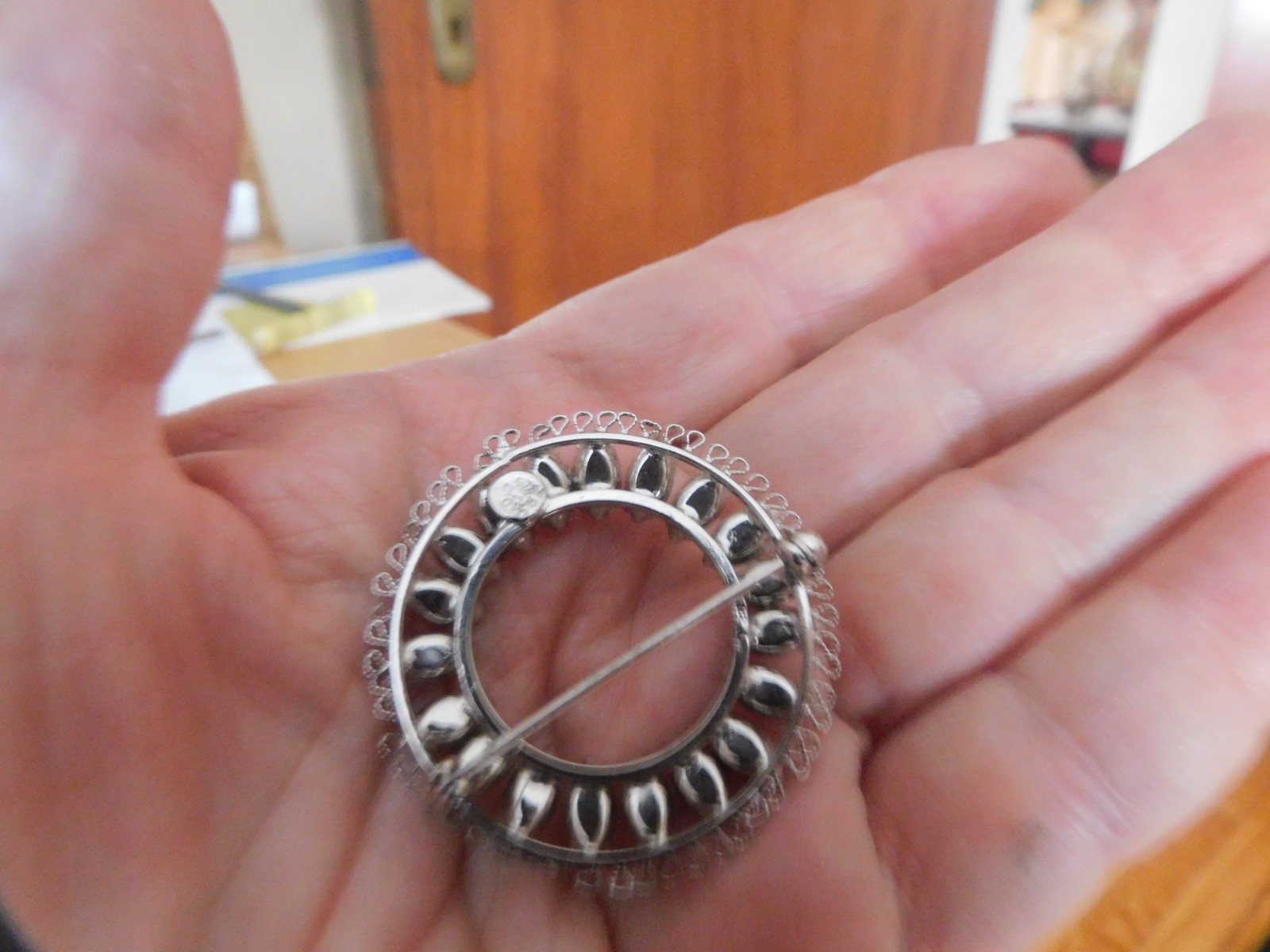 vtg. stunning signed sterling rhinestone circle pin hand set .