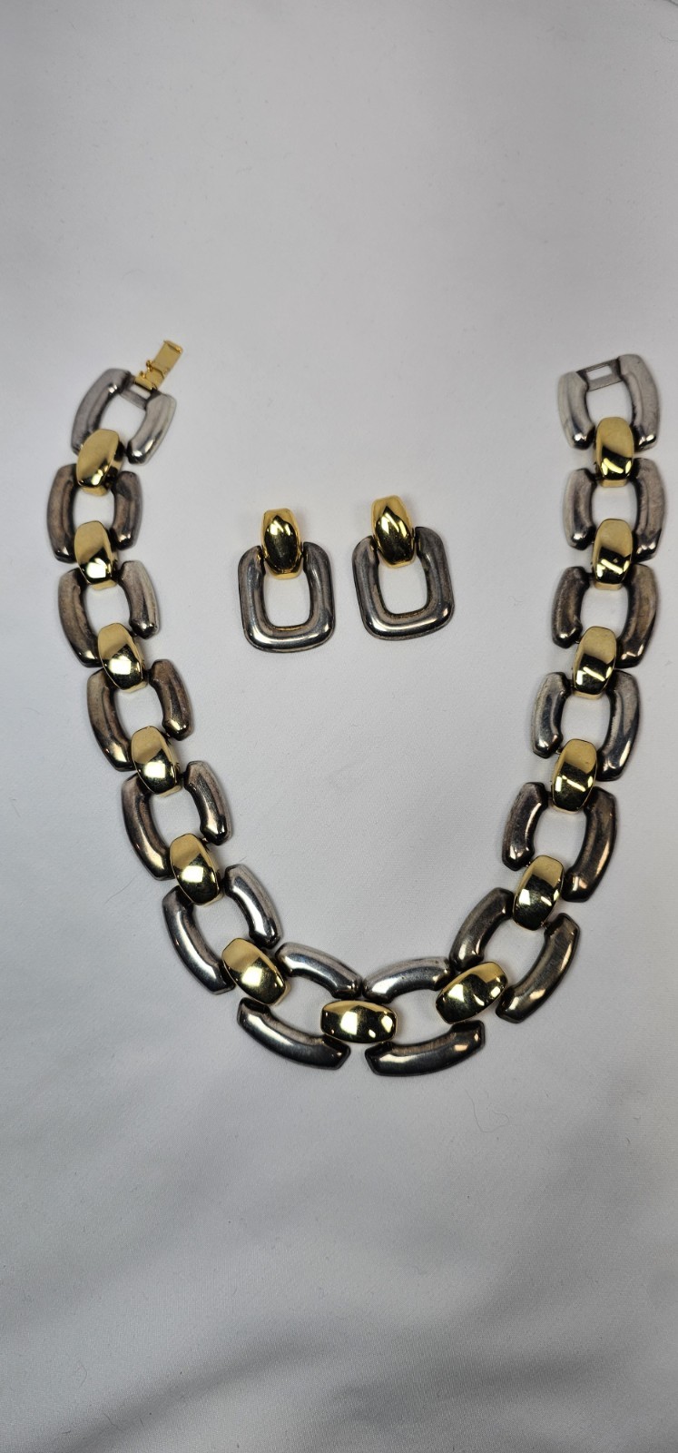 Vintage Two Tone Chunky Chain Necklace & Earrings Set Gold Silver Link Statement