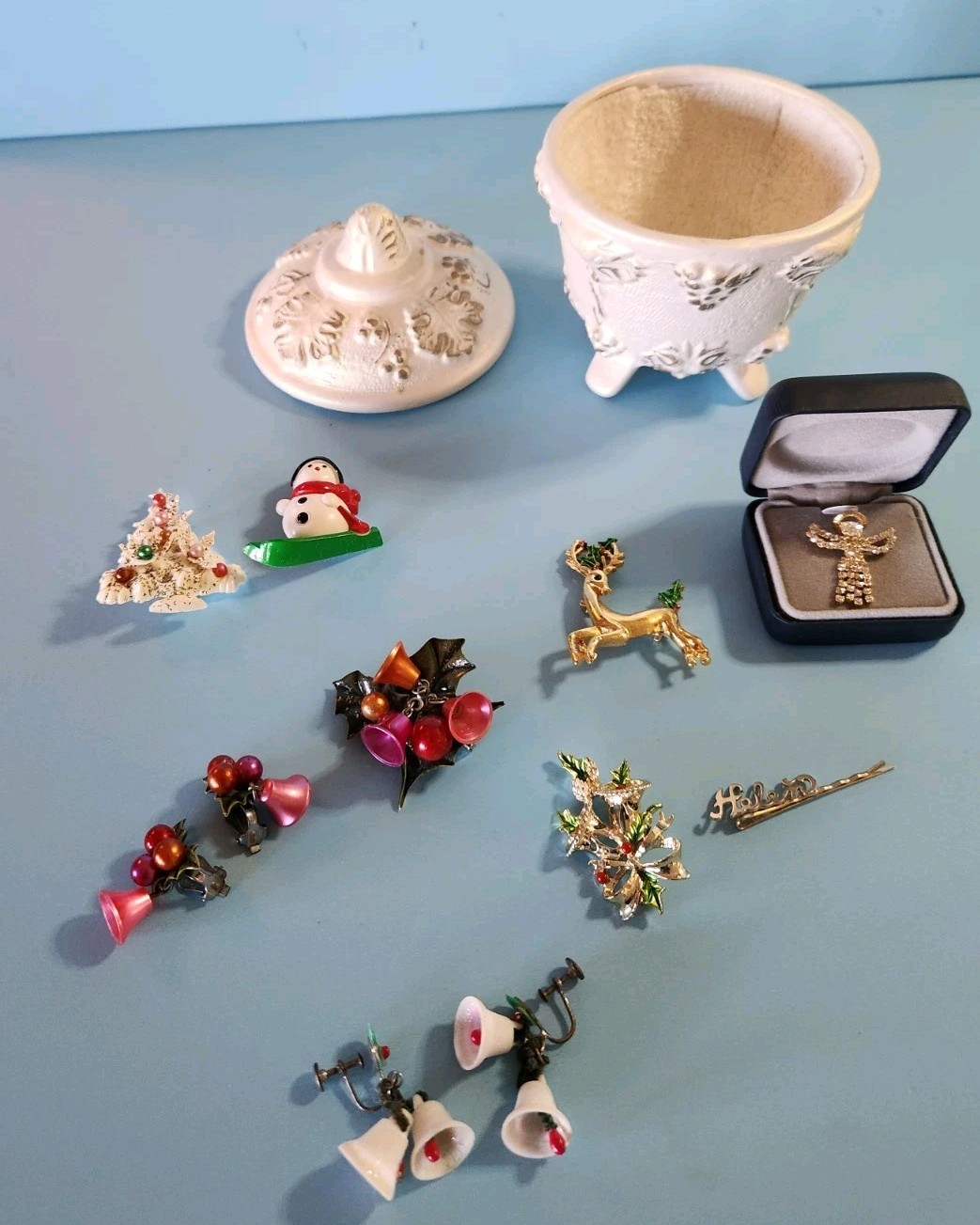 Vintage Holiday Pins And Clip On Earrings Bundle, Various Material