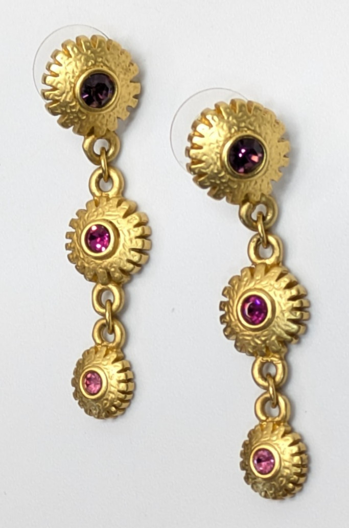 VTG Gold Tone Floral Dangle Drop Pink Purple Rhinestone Pierced Earrings 1 5/8″