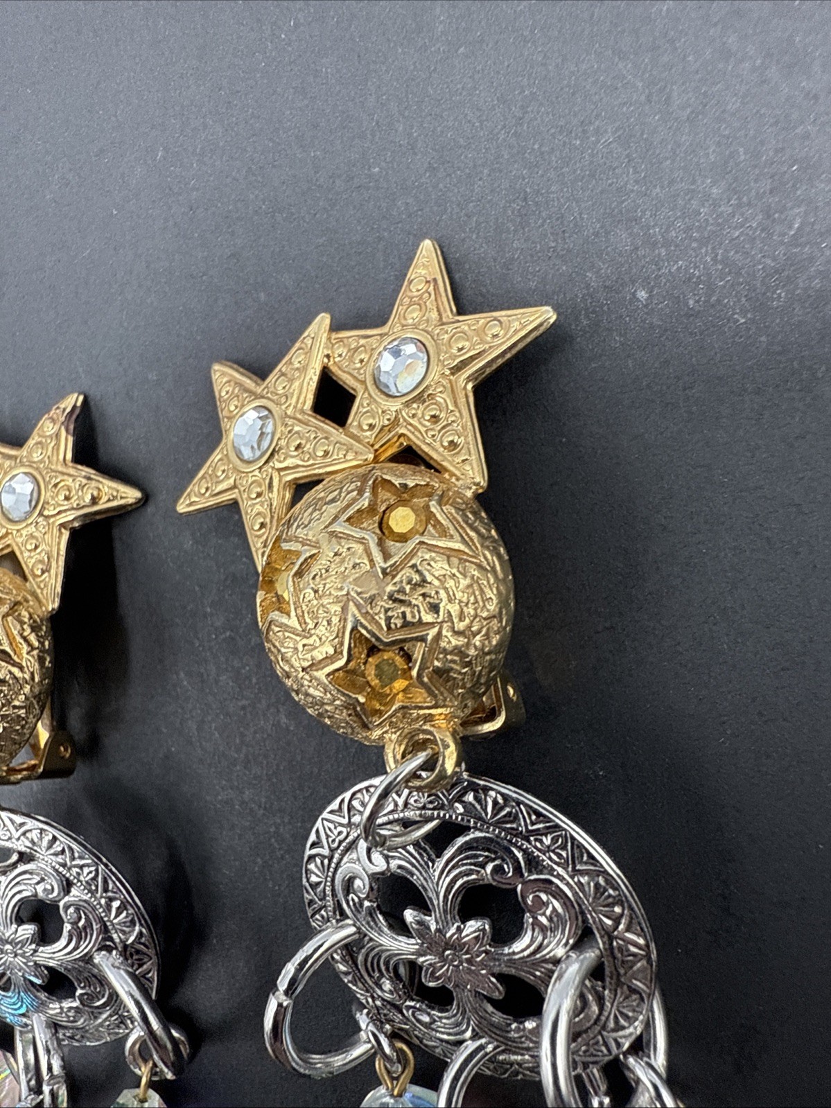 Kirks Folly Signed Silver Gold Tone Dangle Stars Moon Crystal Earrings C81