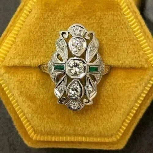 Vintage Art Deco Style Lab Created Diamond Engagement 14K White Gold Finish Ring