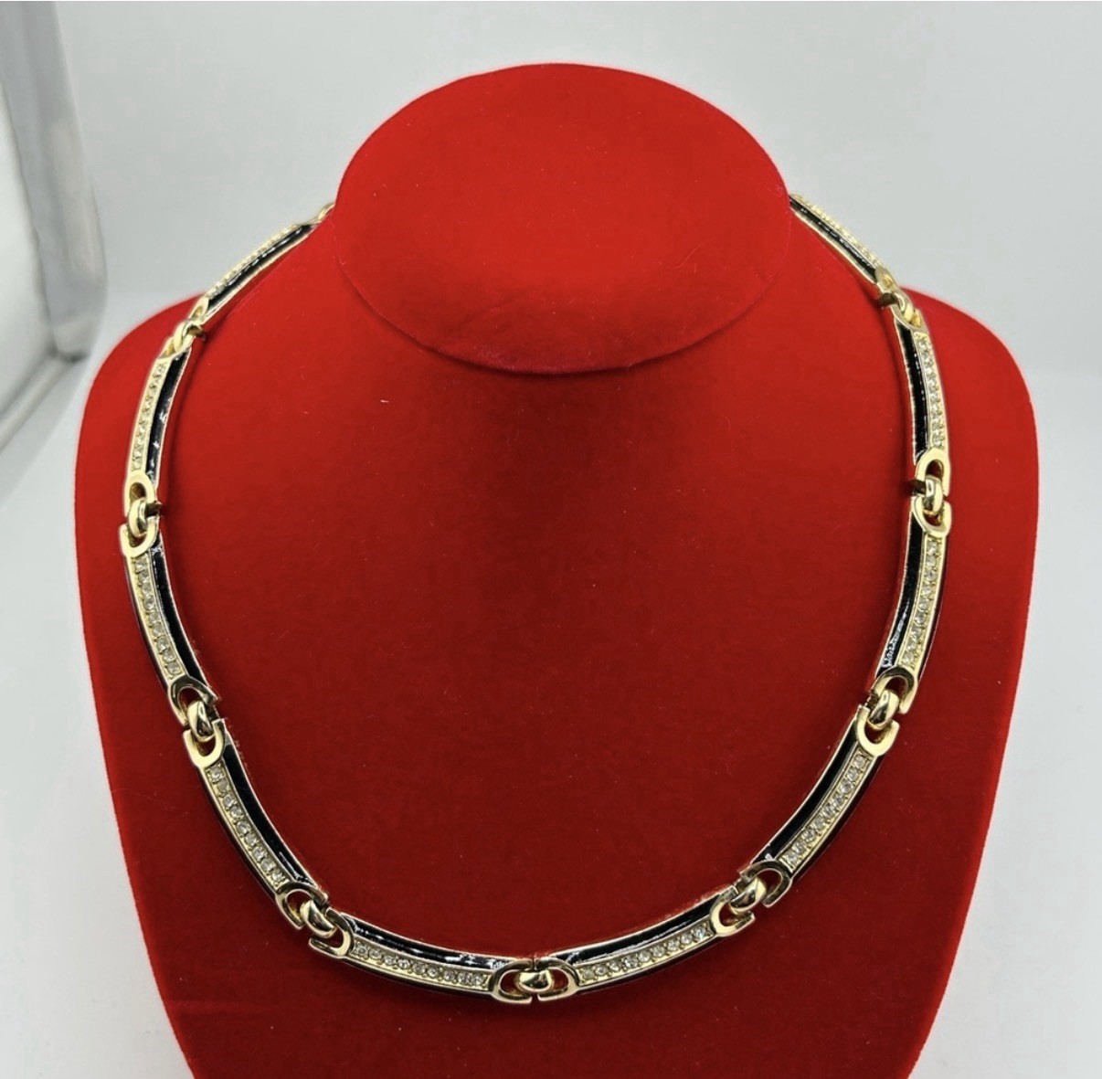 Vintage 1970s Authentic Christian Dior Black Enamel Gold Plated Necklace