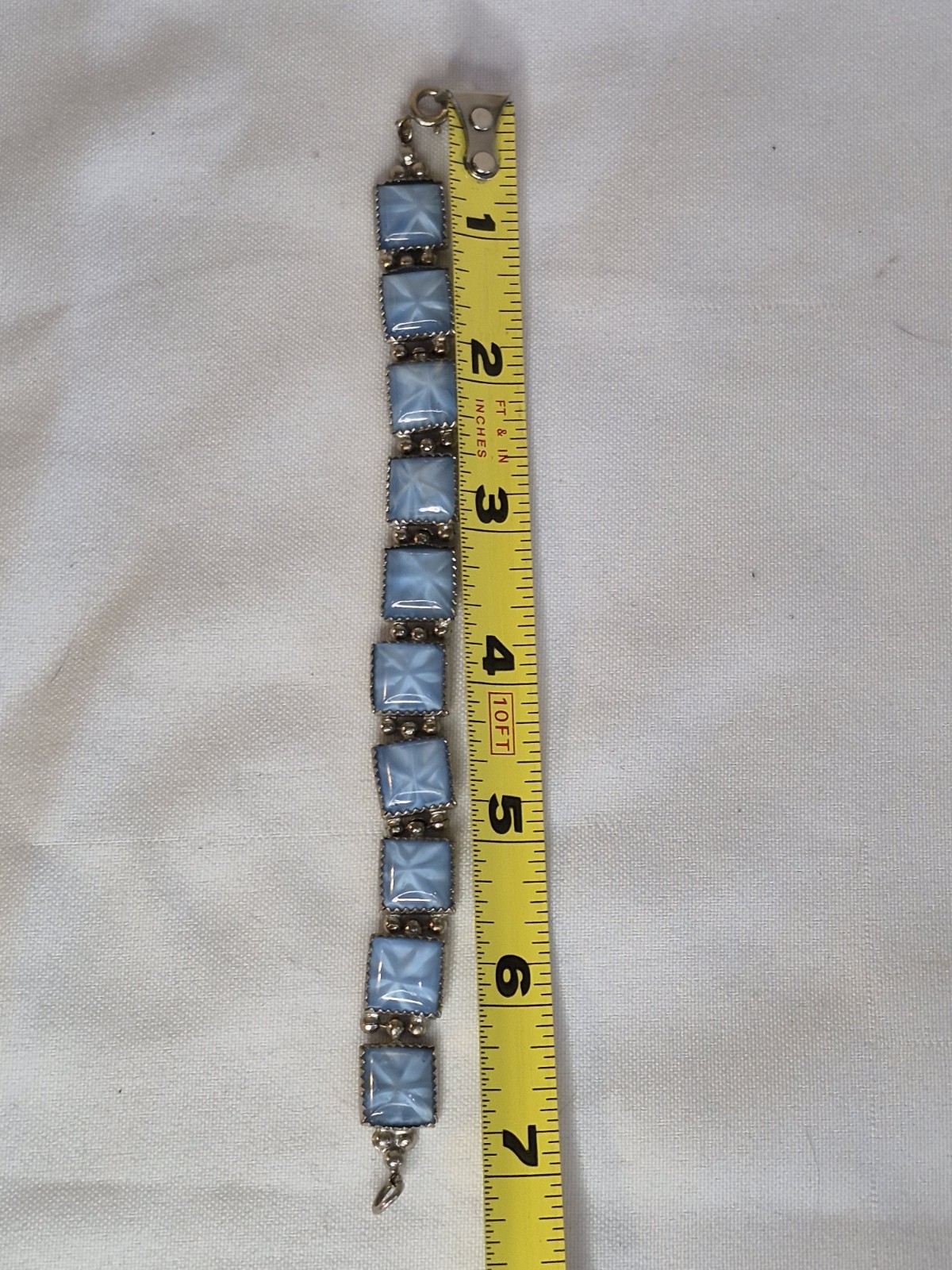 Blue Opaline Star Czech Glass Bracelet Square Silvertone Link 7 Inches Vintage