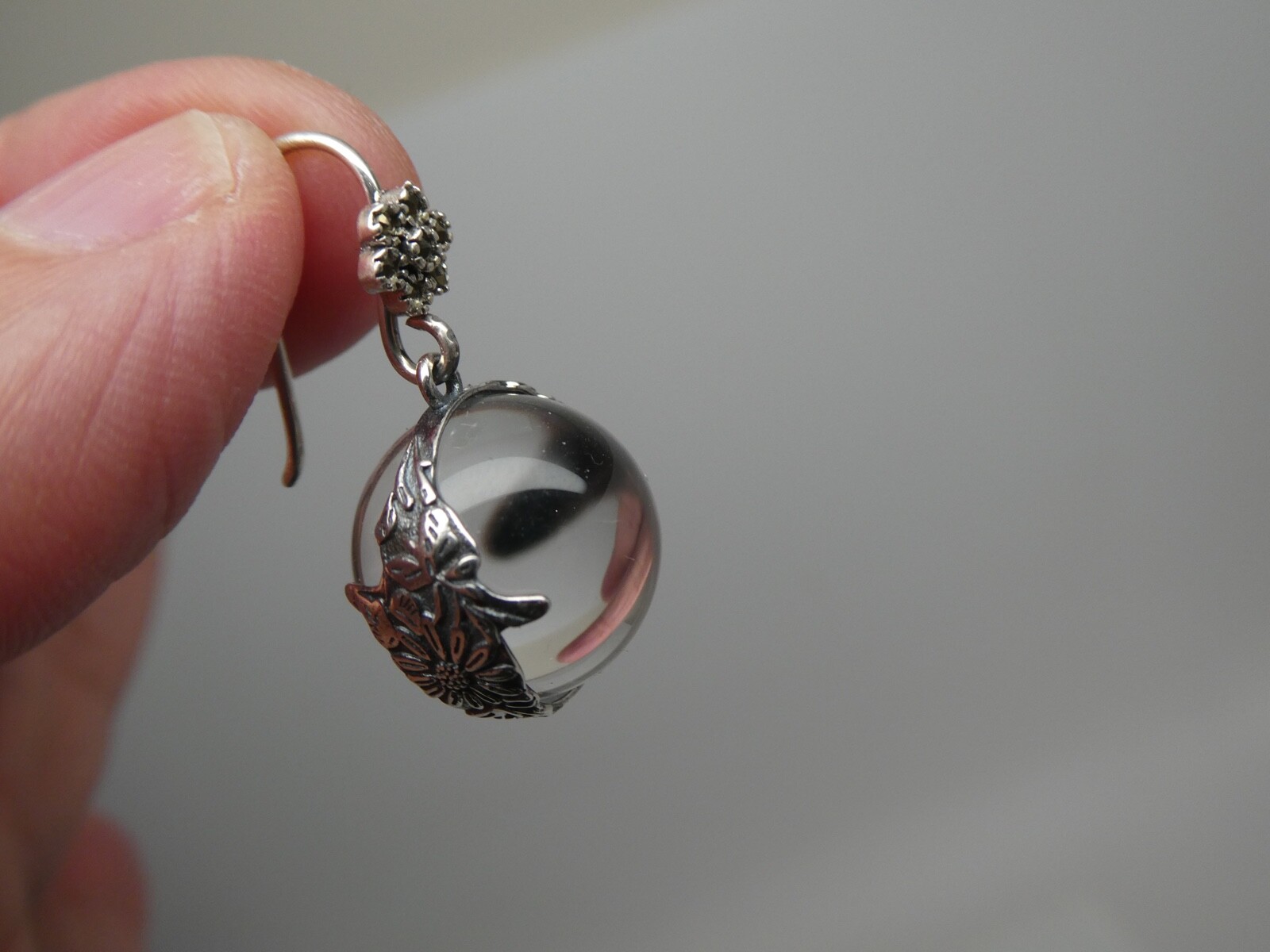 Genuine Pool Of Light Sterling Silver 925 Floral Orb Marcasite Dangle Earrings