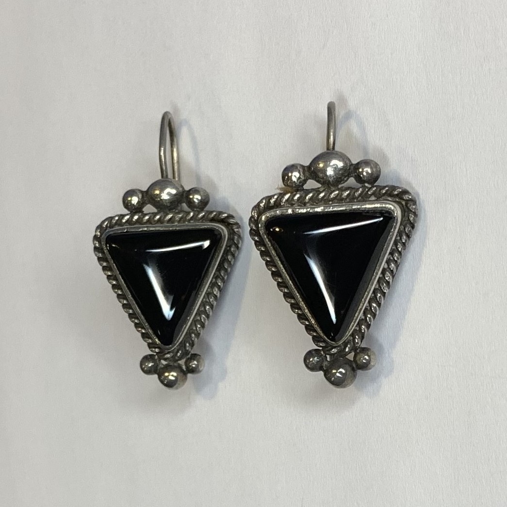 Vintage Handcrafted Sterling Silver Black Onyx Hook Earrings Southwest
