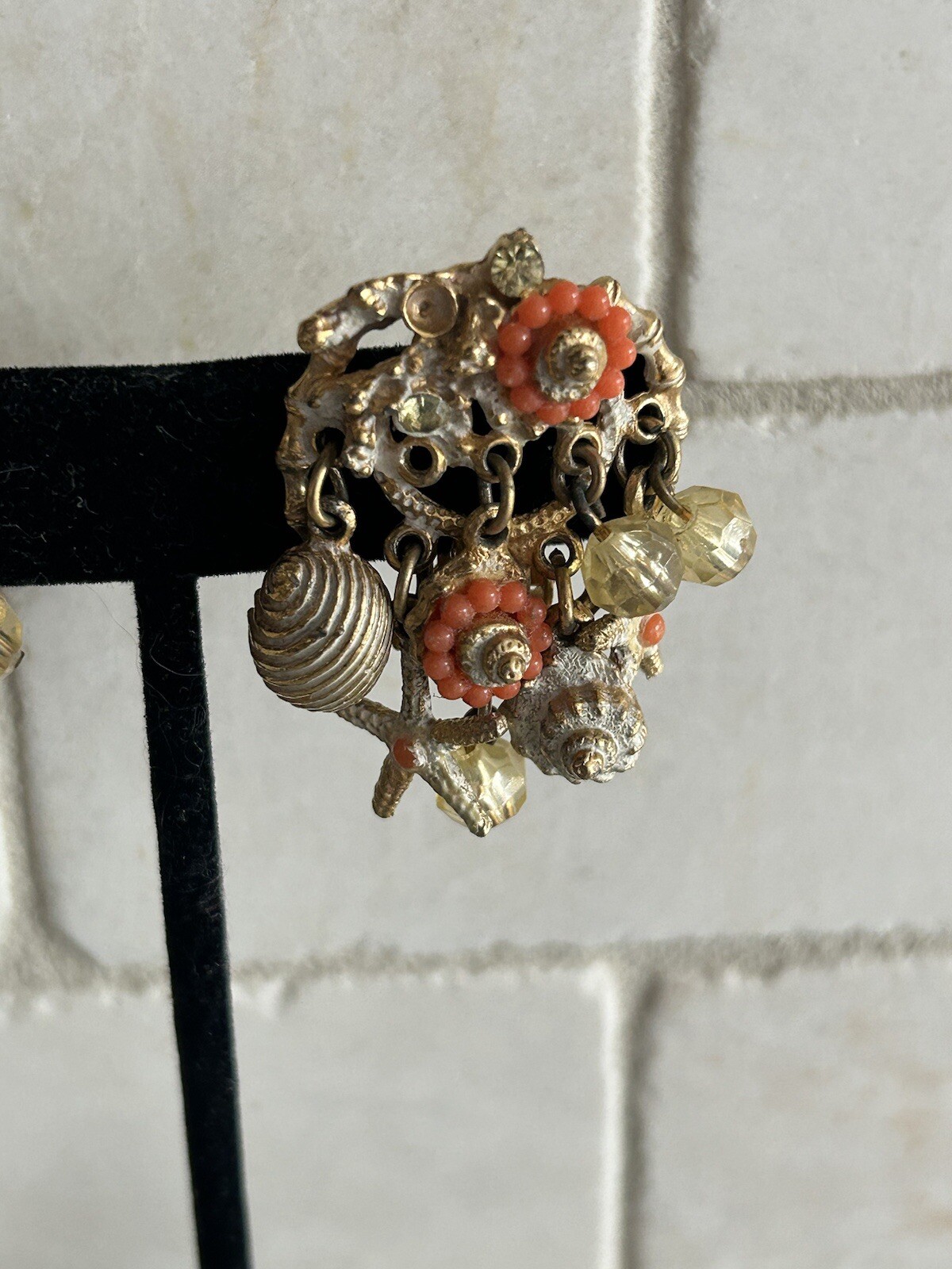 Vintage ART Arthur Pepper Clip Earrings Dangle Shells Beach AB Crystals REaD