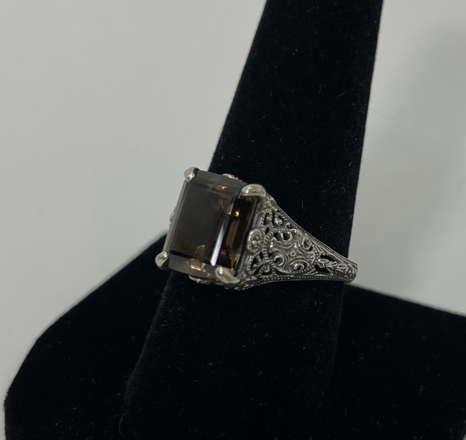 Estate Ring Smokey Gray Quartz Sterling Silver Sz 9.5 Baguette Art Nouveau Style