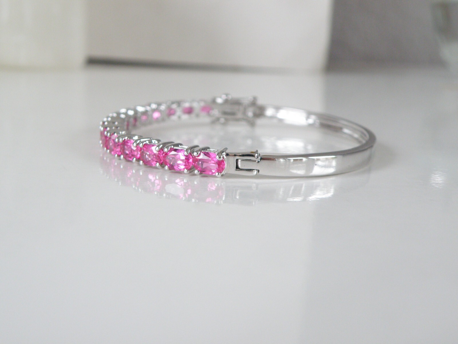 Vintage Sterling Silver 925 Lab Created Pink Sapphire Gemstone Bracelet 7.5″