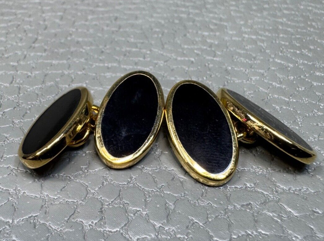 Black Enamel Yellow Gold Plated Cuff Links