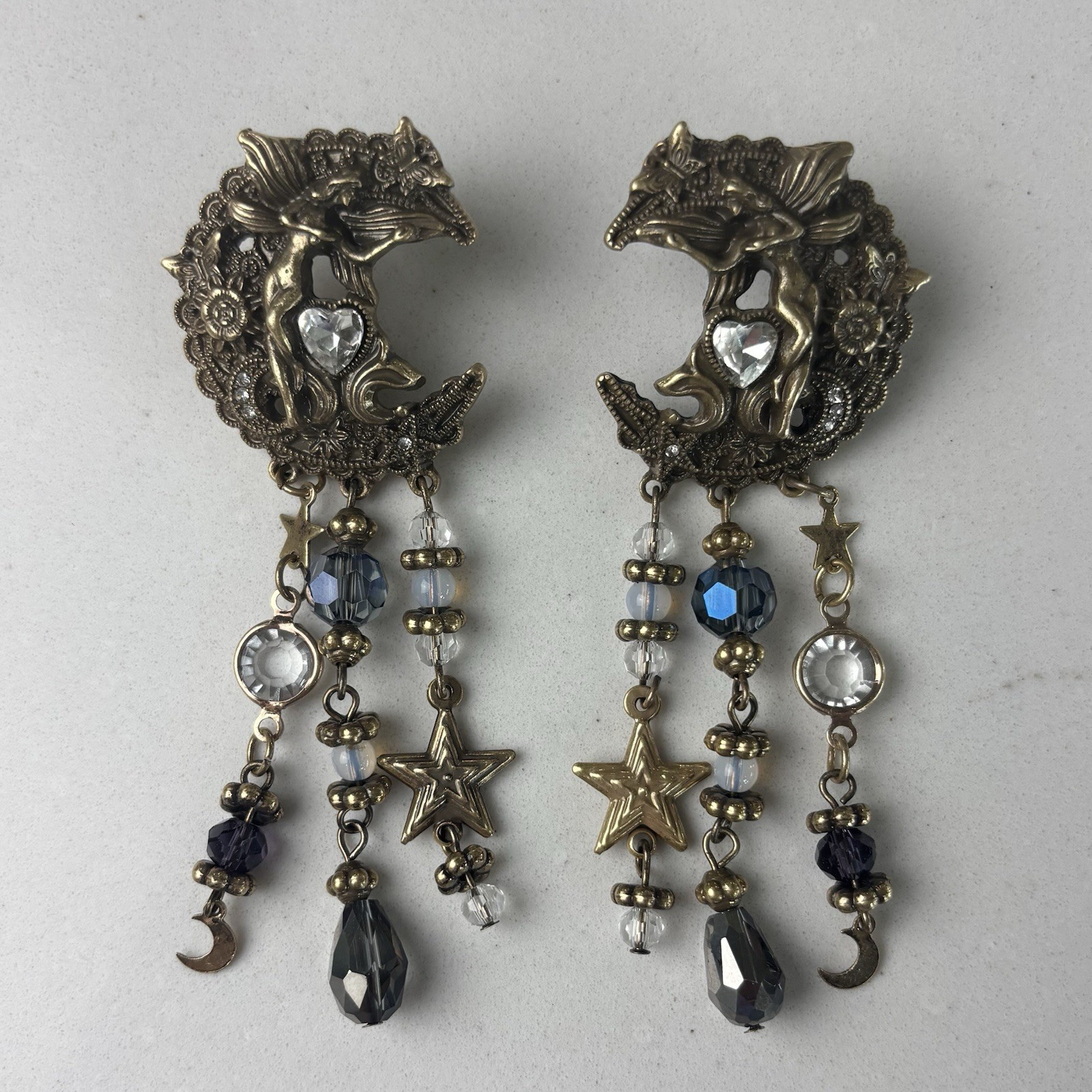 Vtg Kirks Folly Fairy Dangle Earrings Celestial Heart Crescent Moon Star Whimsy