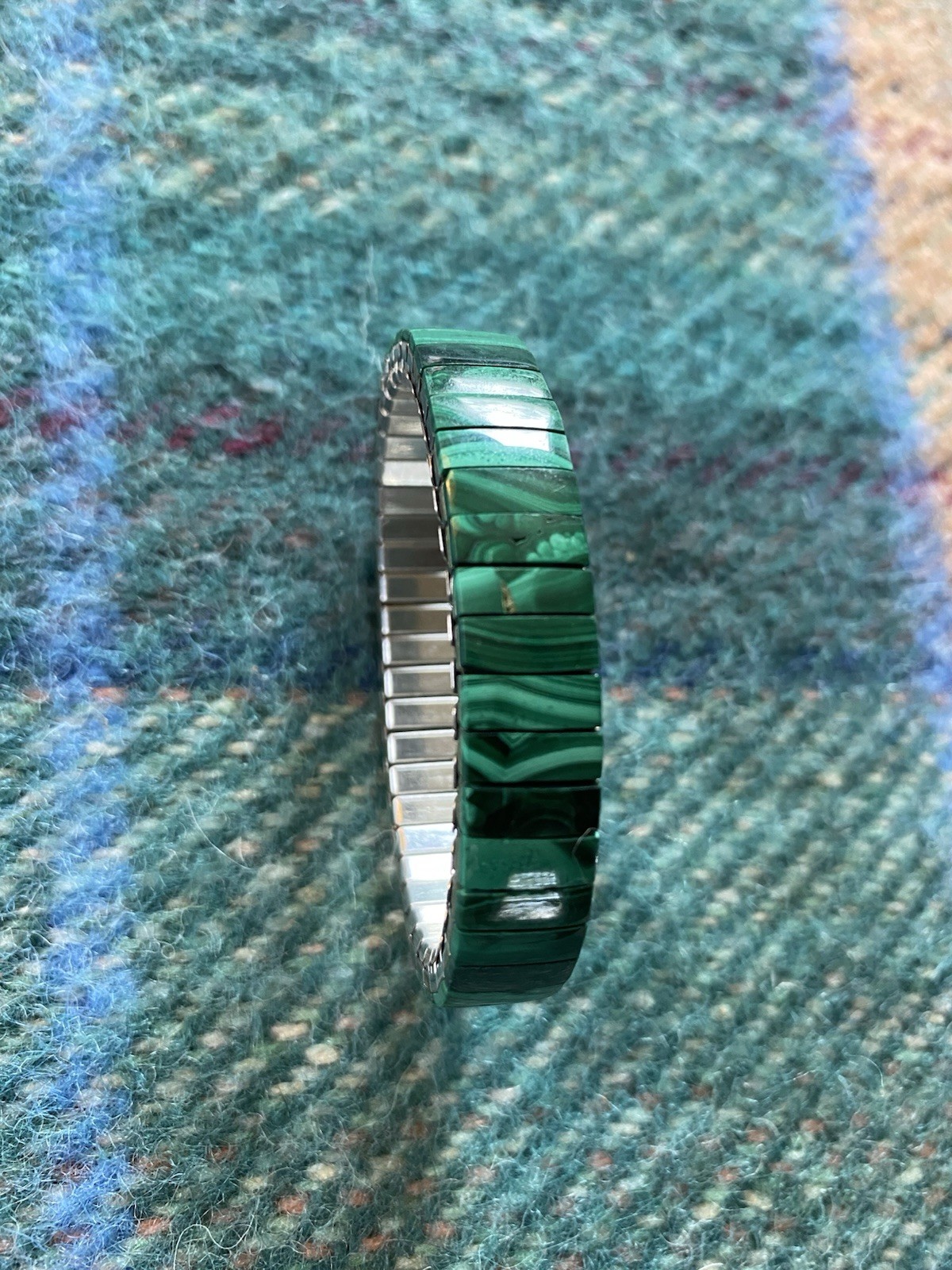 Malachite Inlay Stretch Bracelet Stainless Steel OSFA Western Native Green Stone