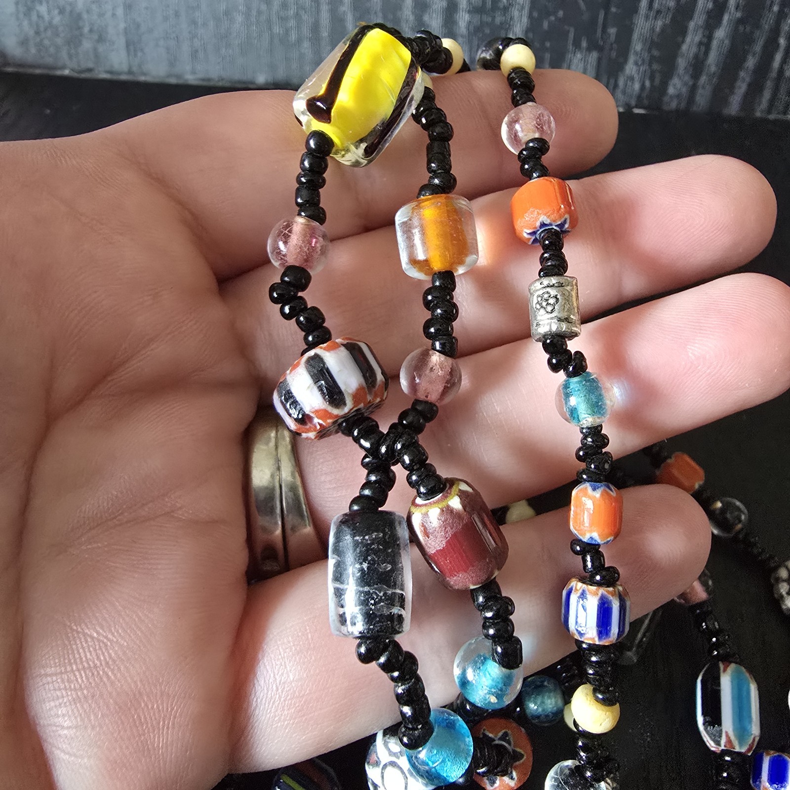 Set of 2 VTG Black Multi Colored Beaded Necklace Venetian Murano art Glass 38″