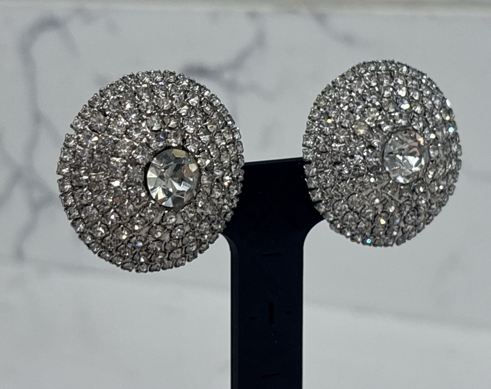 Vintage Rhinestone Dome Clip On Earrings Statement Huge Bold Glam Sparkle